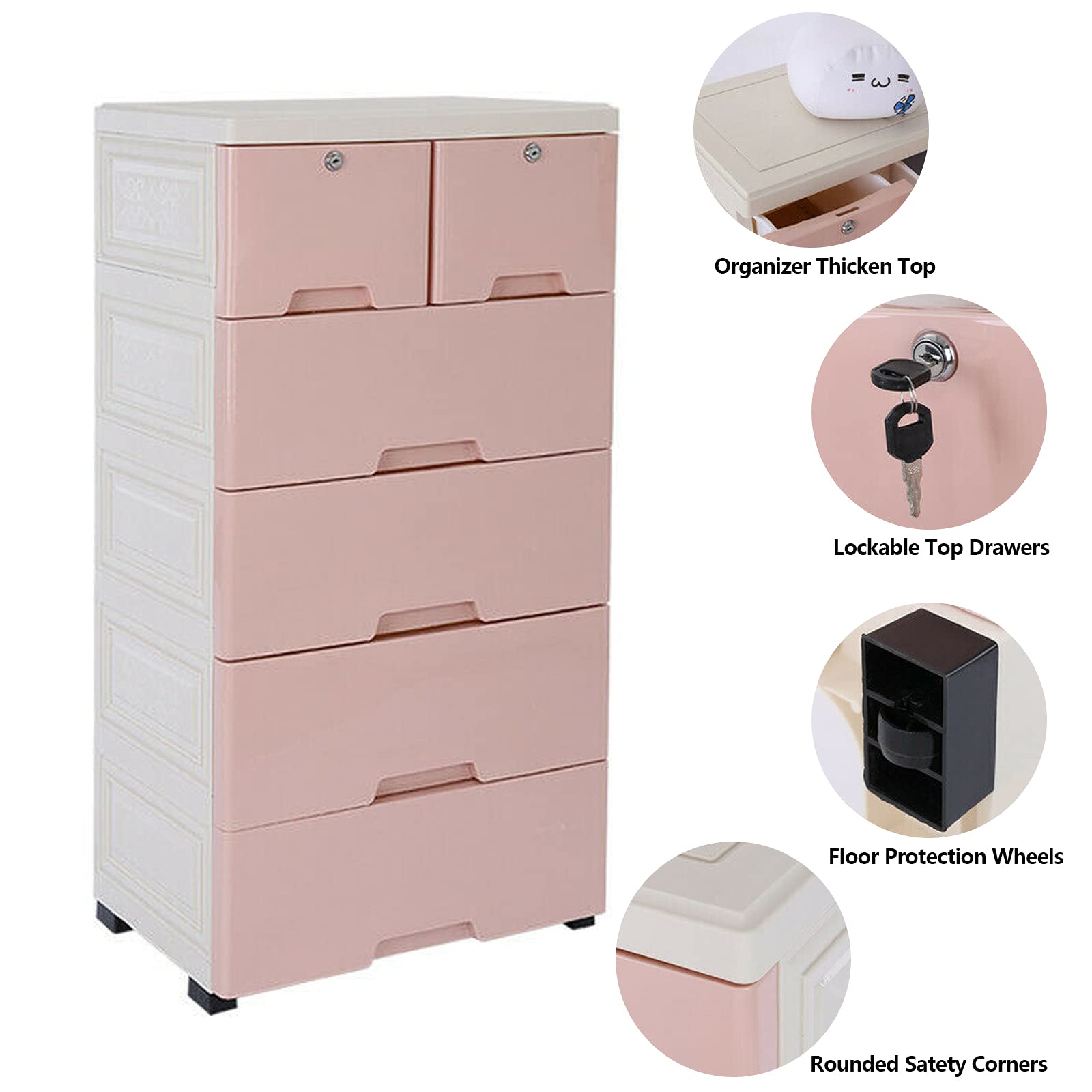 YIYIBYUS 6-Drawer Plastic Storage Cabinet - Pink Dresser Organizer for Clothes, Toys, Bedroom & Playroom | Space-Saving Closet Solution for Kids Room & Nursery Organization