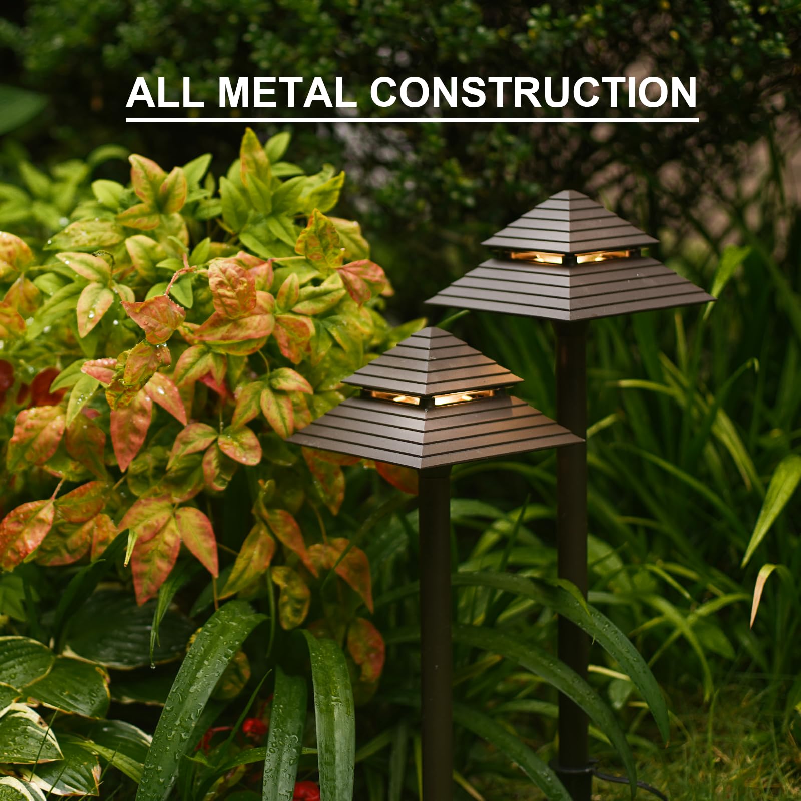 GOODSMANN 8-Pack Low Voltage Outdoor Path Lights - 2-Tier Pagoda Design, 3W LED (180 Lumen, 3000K Warm White) Bronze Landscape Lighting for Driveway, Garden & Walkway - Weatherproof Wired Pathway Lights