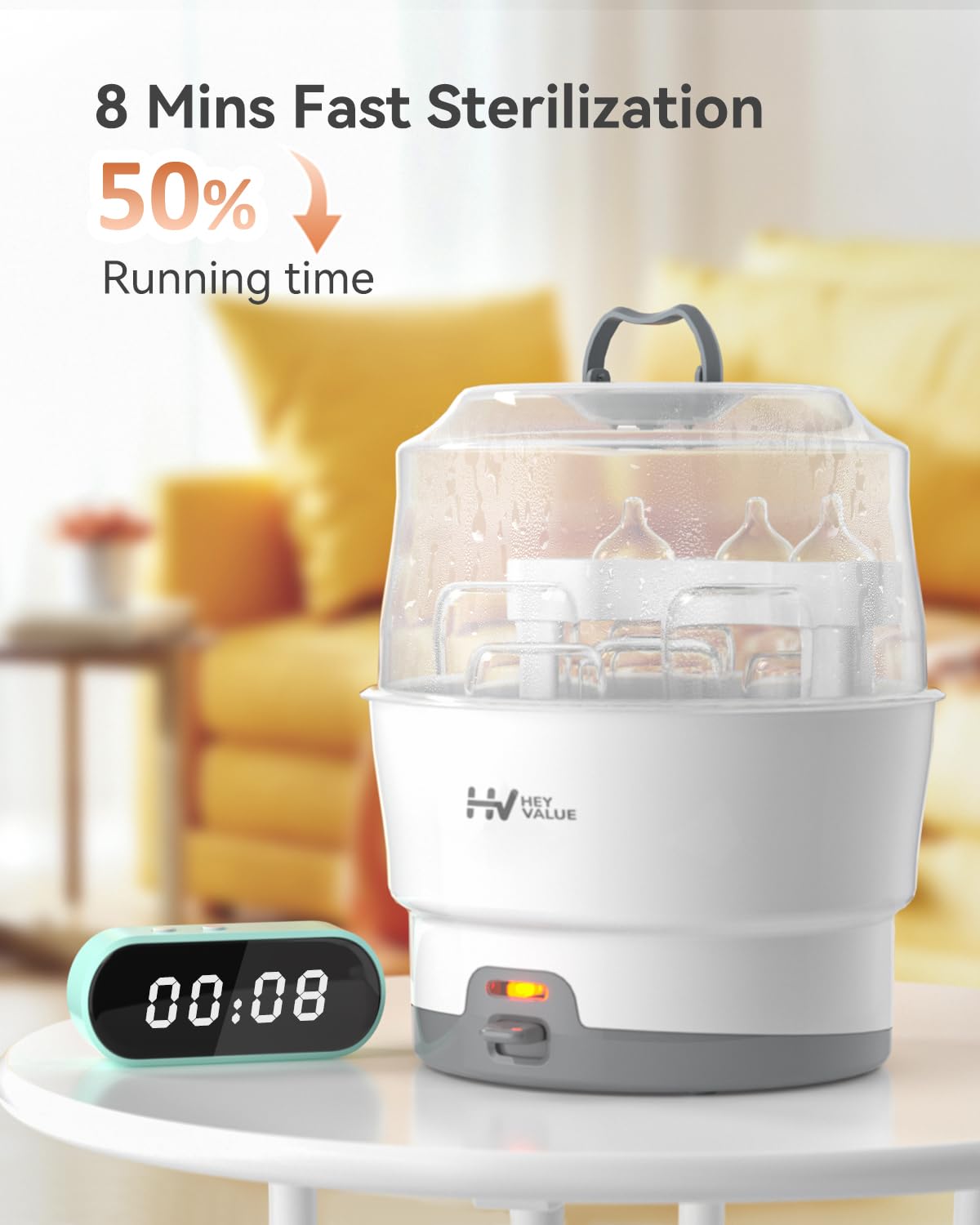 HEYVALUE Electric Baby Bottle Sterilizer - One-Touch Sterilization for Bottles, Pacifiers & Breast Pump Parts | BPA-Free | Fast & Easy Sanitizing for Newborn Care | Perfect for Home, Nursery & Travel Use