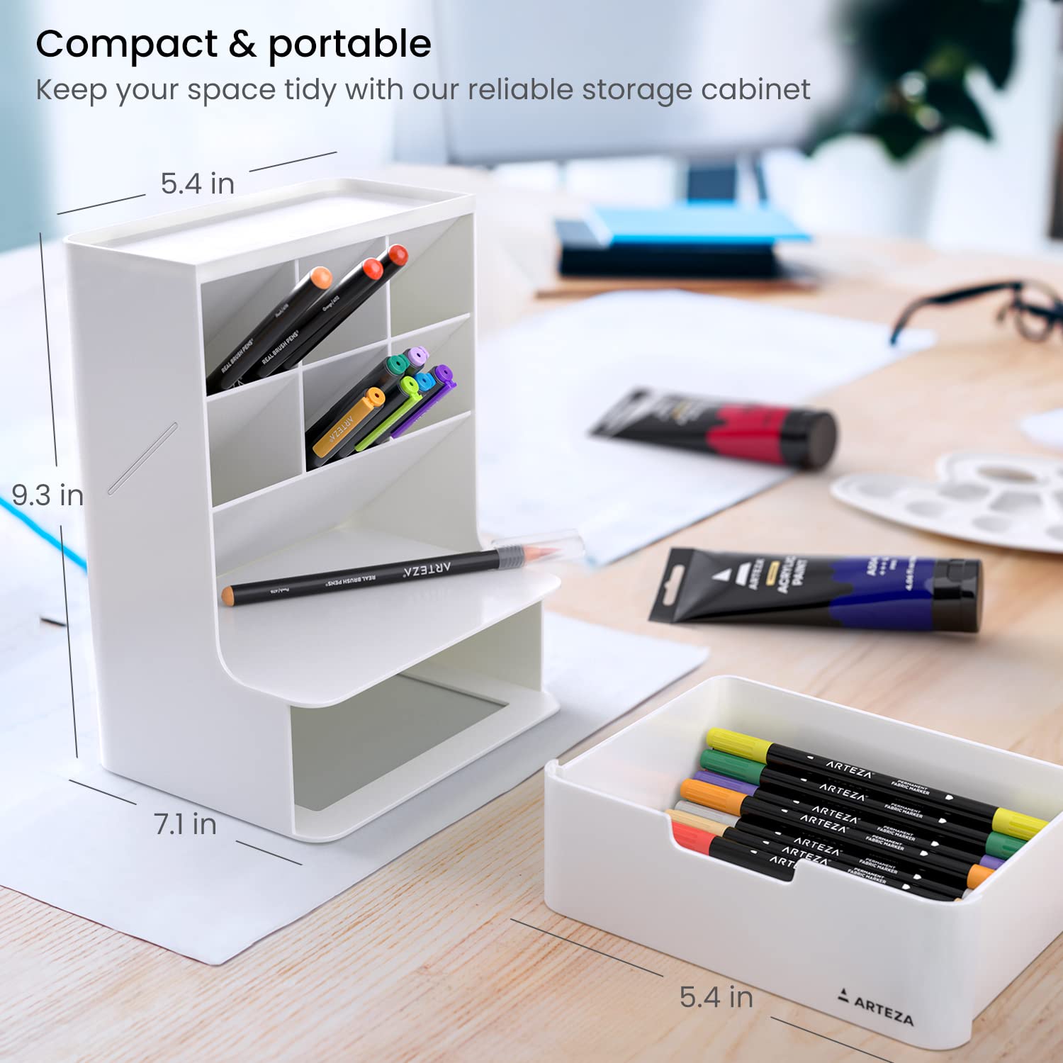ARTEZA 6-Compartment White Pen Holder & Marker Organizer for Desk - Stationery & Makeup Storage Drawer - Perfect for Office, School, and Beauty Vanity Organization