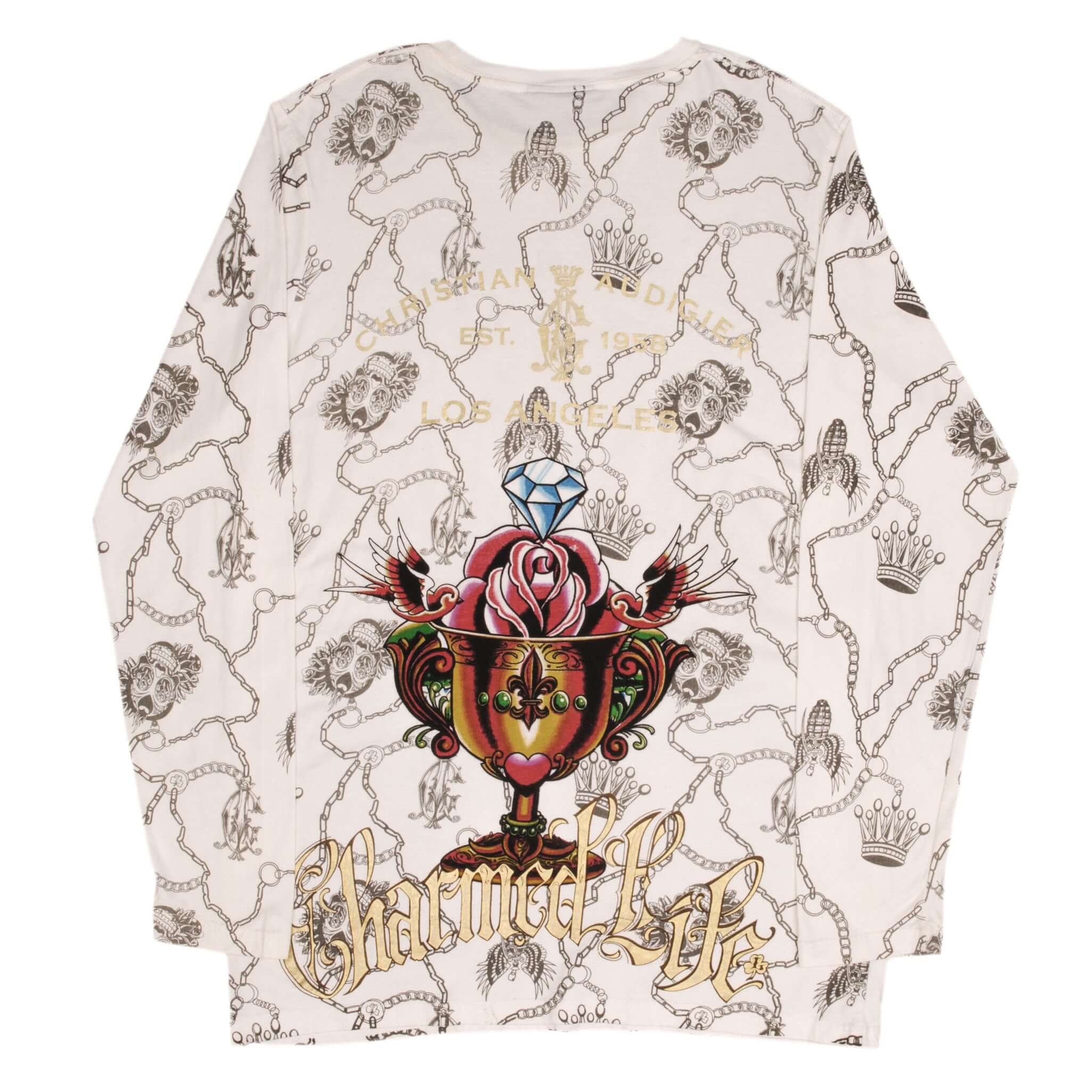 Vintage Christian Audigier Rhinestone Skull Long Sleeve T-Shirt - Gothic Rock Style for Men & Women - Perfect for Concerts, Halloween & Edgy Streetwear (Large, 2000s Retro Fashion)