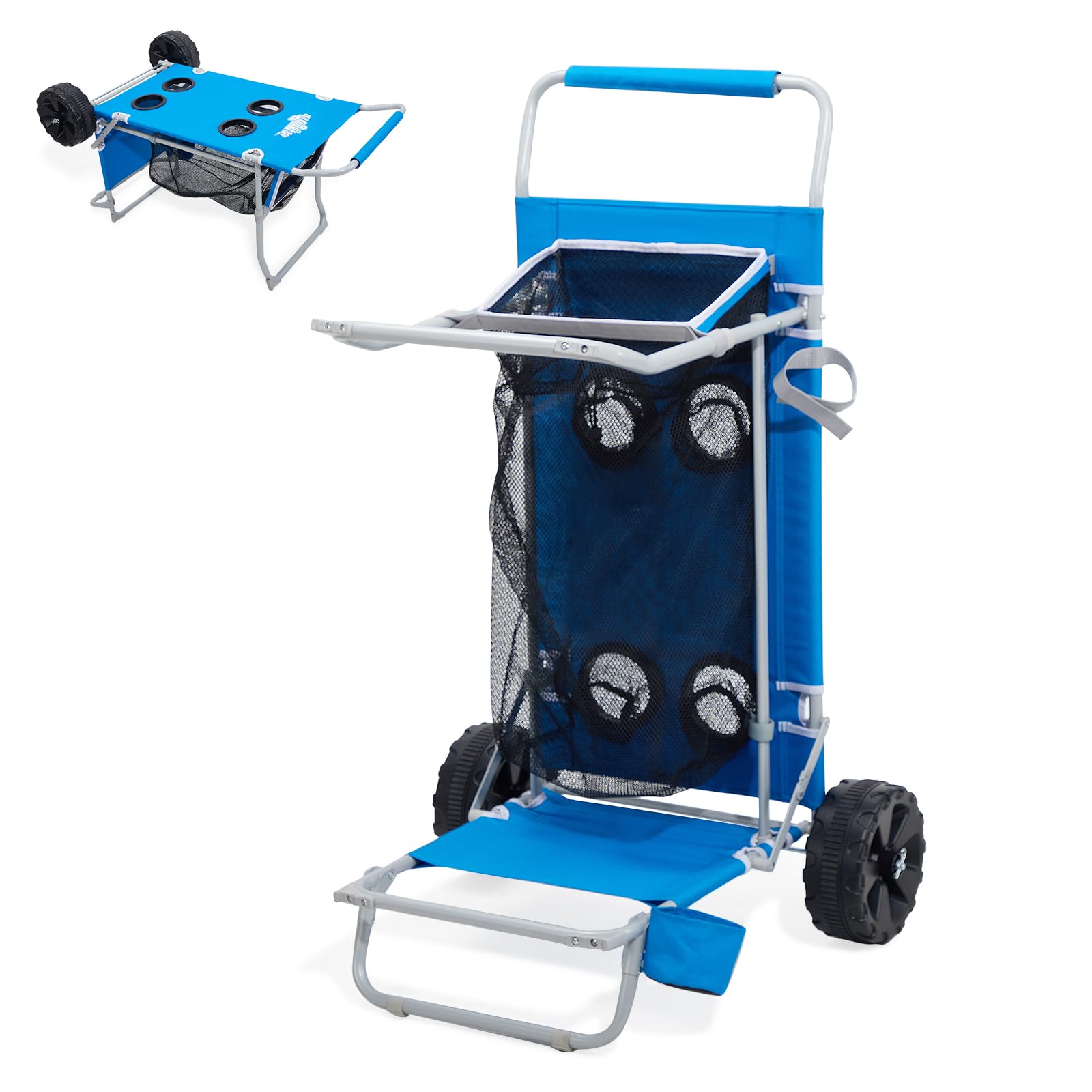 **Heavy Duty Collapsible Beach Cart with Large Sand Wheels - 100lb Capacity Folding Utility Wagon with 4 Cup Holders & Spacious Mesh Storage | Perfect for Beach Trips, Camping, Picnics & Grocery Shopping (Blue)**