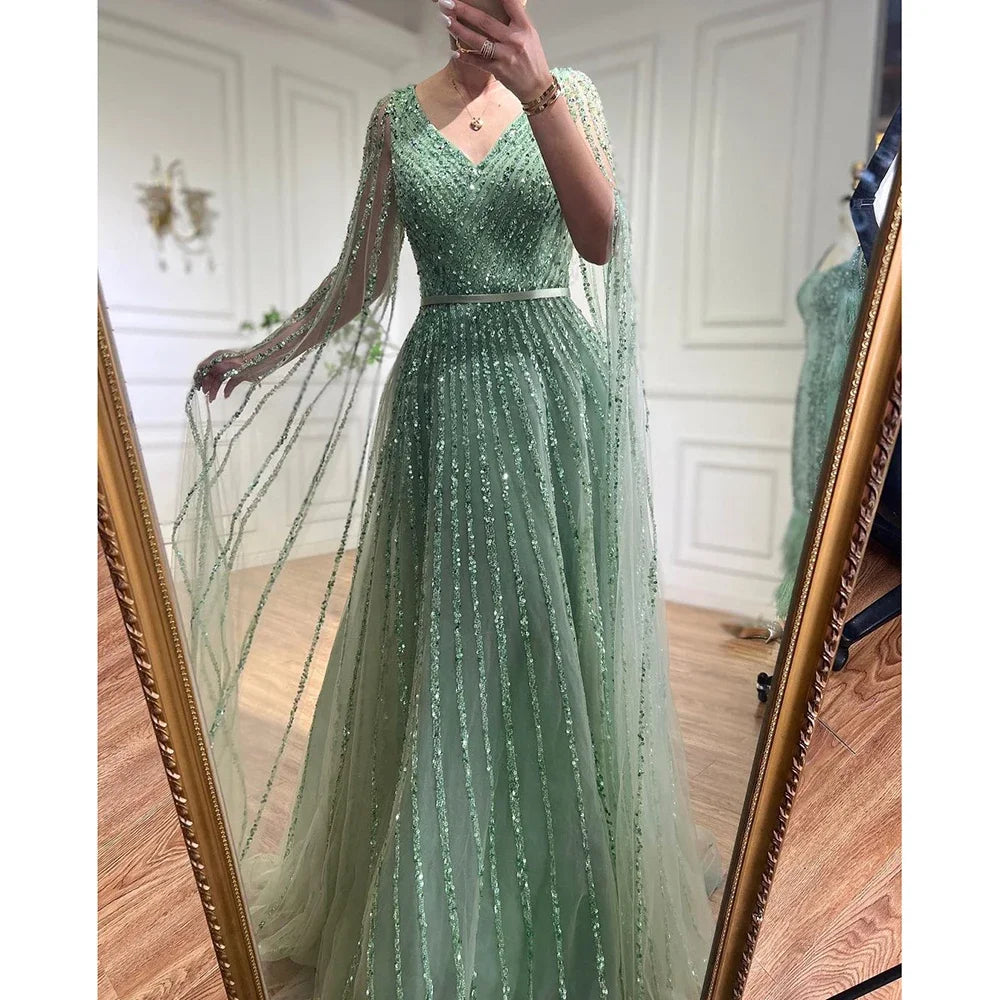 Elegant Beaded A-Line Evening Gown with Cape Sleeves - Luxury Dubai Style Celebrity Party Dress for Women 2025 | Perfect for Red Carpet Events, Galas & Formal Occasions