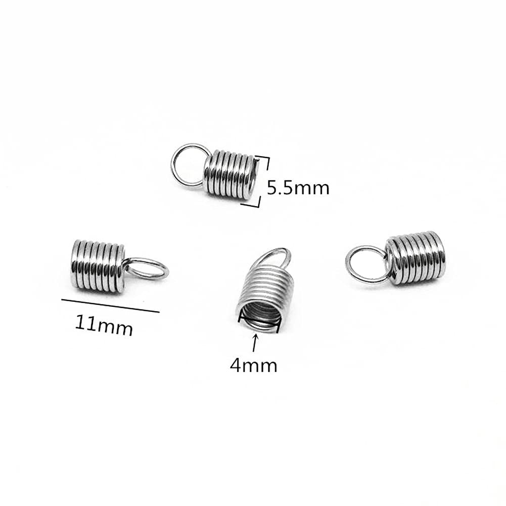 100-Piece Stainless Steel Spring Cord End Caps - 4mm Hole Spring Tube Coil Tips for DIY Jewelry Making, Leather Crafting & Beading Projects - Durable Metal Terminators for Bracelets, Necklaces & Keychains