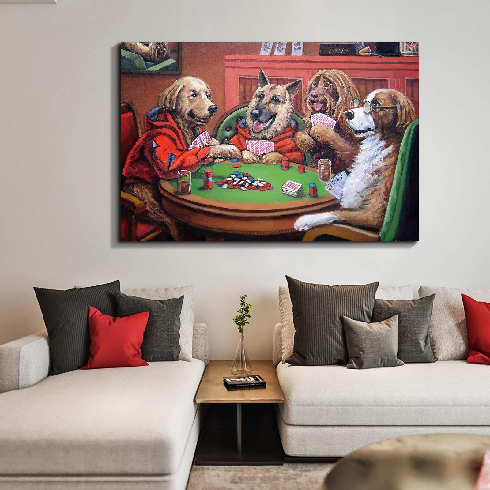 Denozer - Dogs Playing Poker by Cassius Marcellus Coolidge Oil Painting Reproduction - Premium Giclee Canvas Print, Gallery Wrapped & Ready to Hang (48x32 inches) - Perfect for Entertainment Room, Game Room, or Man Cave Wall Decor