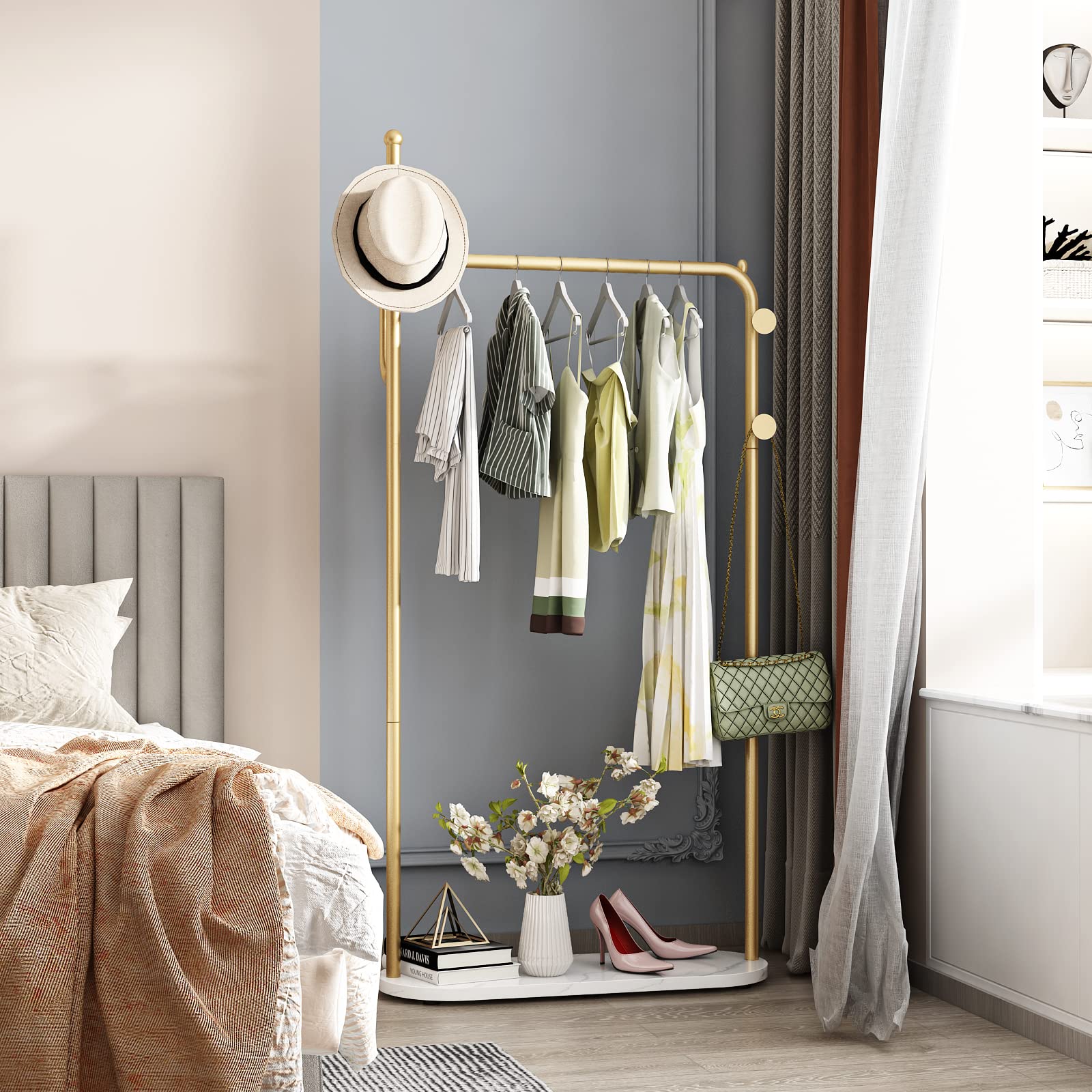 Stylish Gold Clothing Rack with Marble Shelf - Modern Boutique Display Stand for Hanging Clothes | Perfect for Entryway, Hallway, Office or Bedroom Organization & Decor