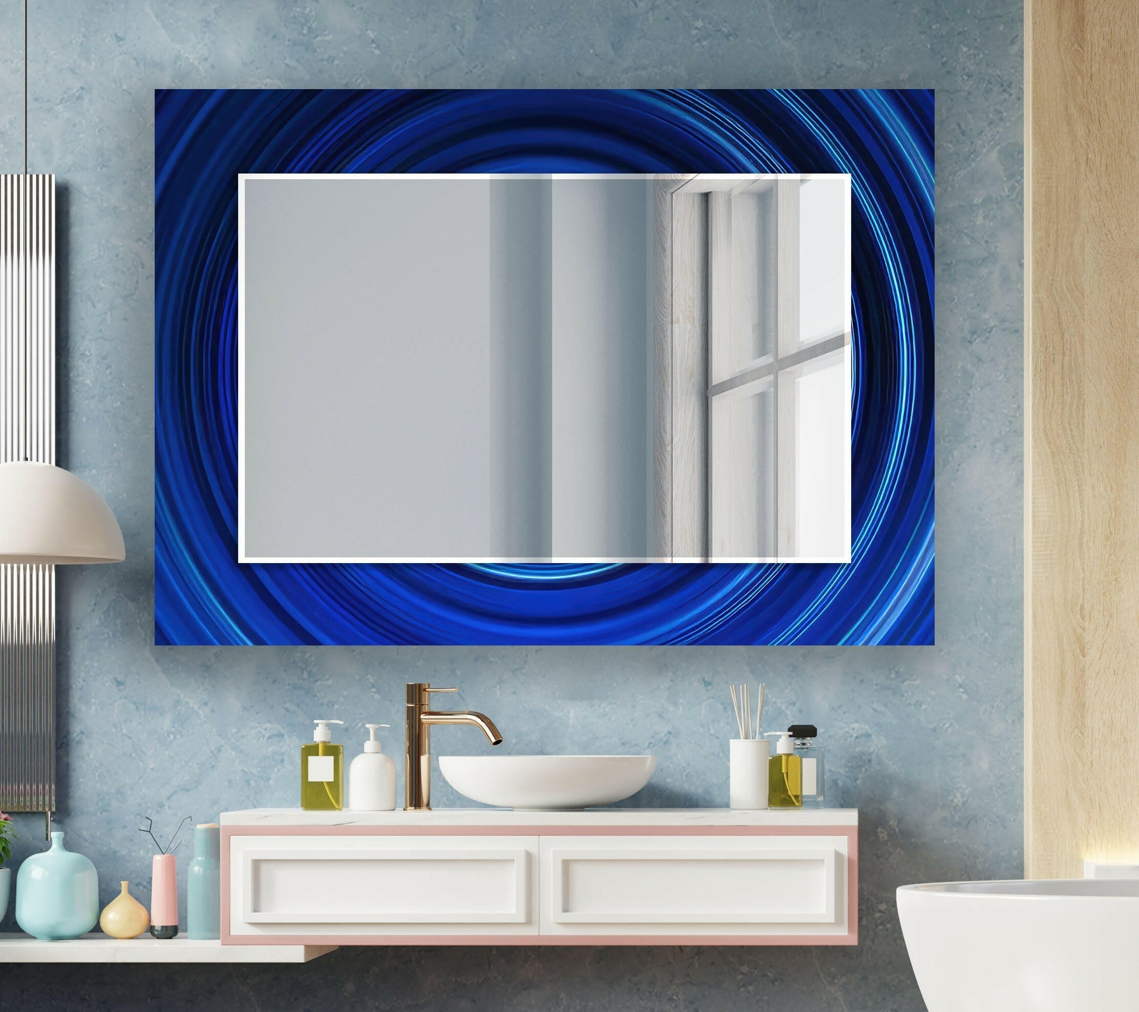 Blue Fractal Wall Mirror - Modern Geometric Decorative Mirror for Living Room, Bedroom, or Entryway - Shatterproof & Stylish Home Decor
