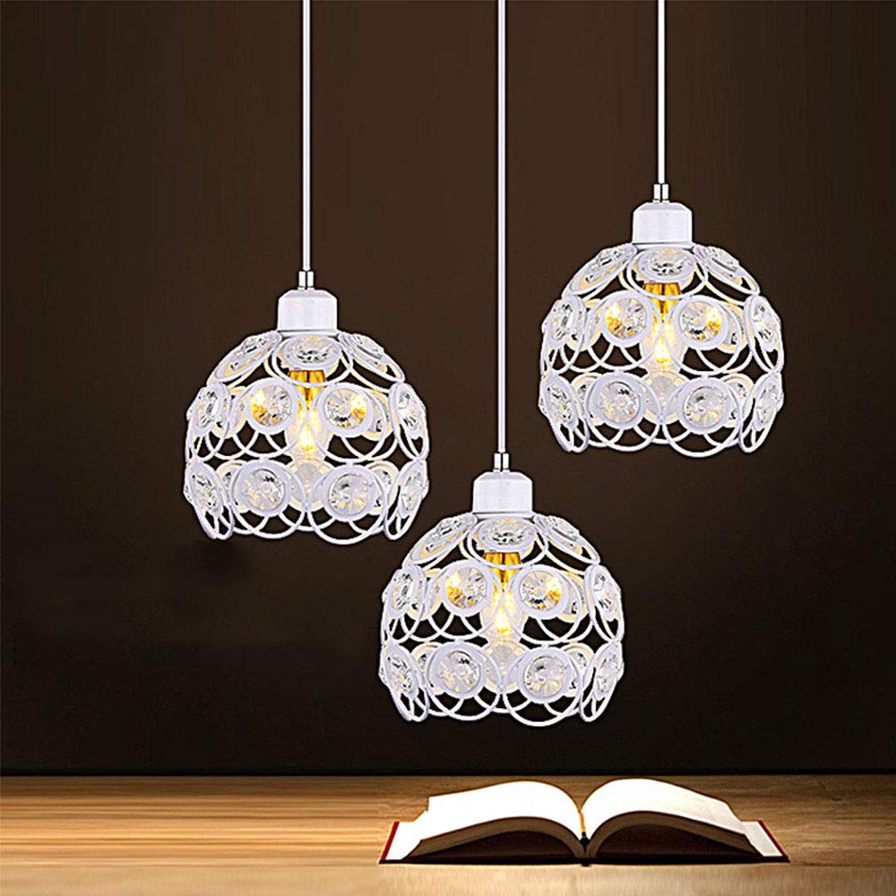 Vintage Industrial Ceiling Pendant Light - Adjustable Round Metal Chandelier with Crystal Lampshade, 3-Light Fixture in White - Perfect for Living Room, Bedroom, and Dining Table Lighting