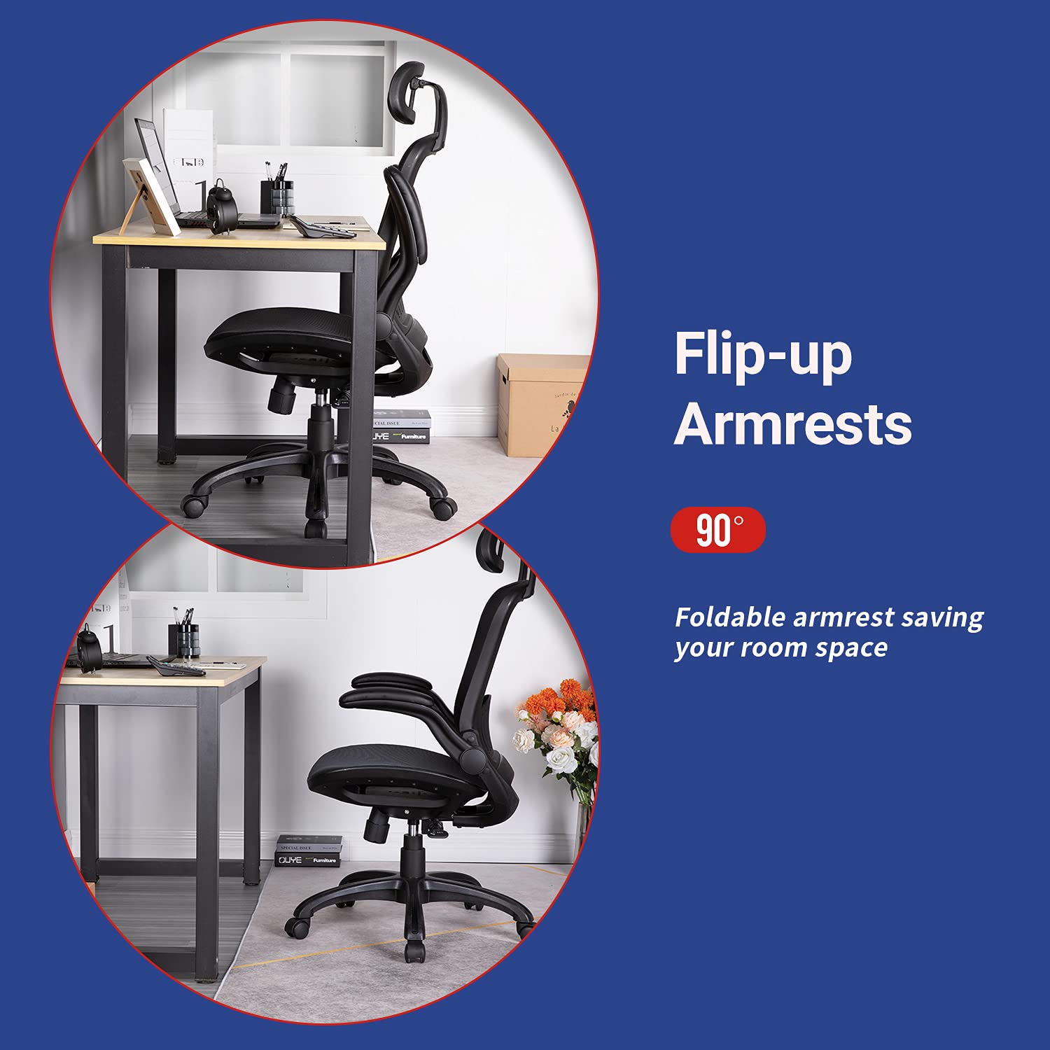 Ergonomic Office Chair with Lumbar Support & Headrest - Adjustable High Back Mesh Computer Desk Chair with Flip-Up Arms for Men & Women - Ideal for Home Office, Gaming & Workspaces - Black