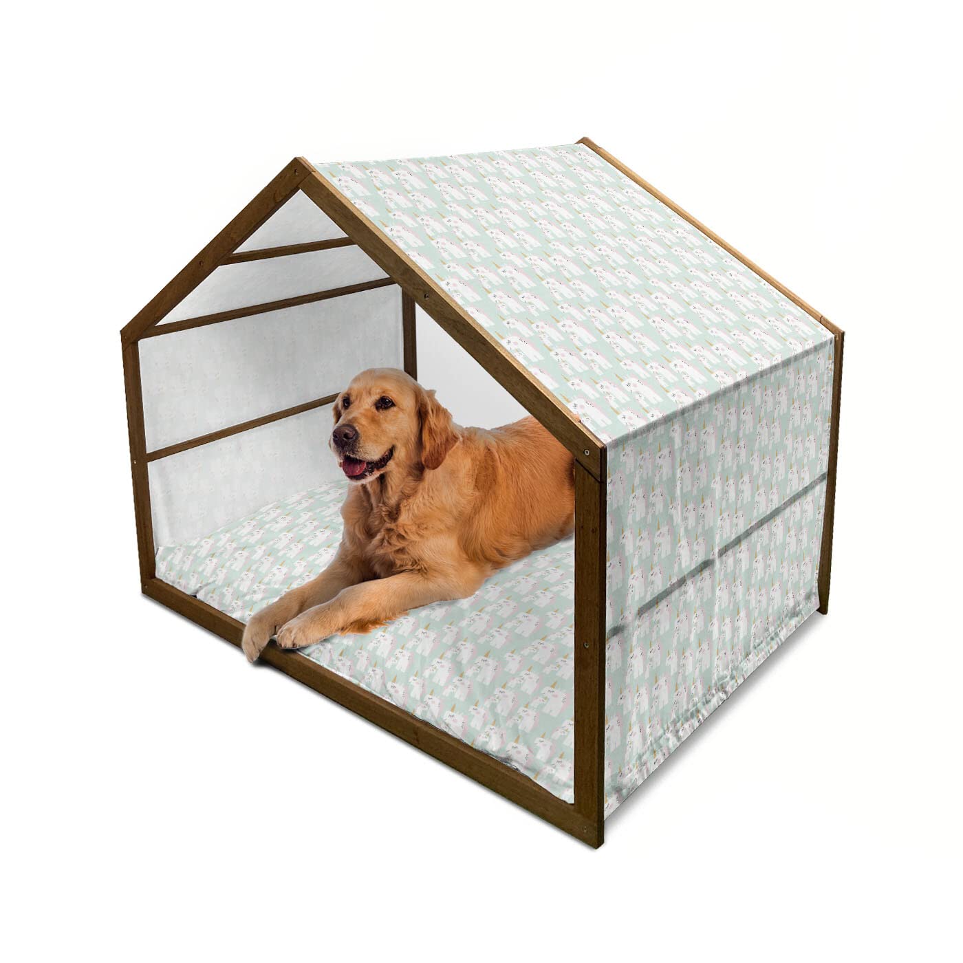 Ambesonne Unicorn Wooden Dog House - XL Portable Indoor & Outdoor Dog Kennel with Pillow & Cover, Pastel Doodle-Style Mythical Creature Design - Perfect for Backyard, Patio, or Home Decor for Large Dogs