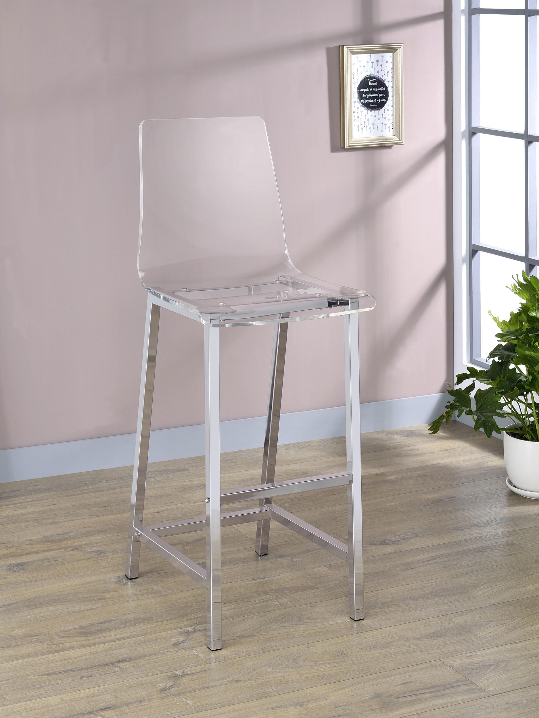Coaster Home Furnishings Juelia Set of 2 Clear Acrylic Counter Height Bar Stools with Chrome Base & Footrest - 30 Inch Modern Kitchen, Dining & Pub Stools - Perfect for Breakfast Bars, Kitchen Islands & Home Bars