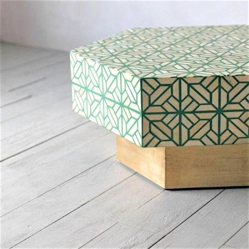 Handmade Bone Inlay Hexagon Coffee Table with Brass Base - Green Boho Chic Center Table for Living Room, Lounge & Home Decor