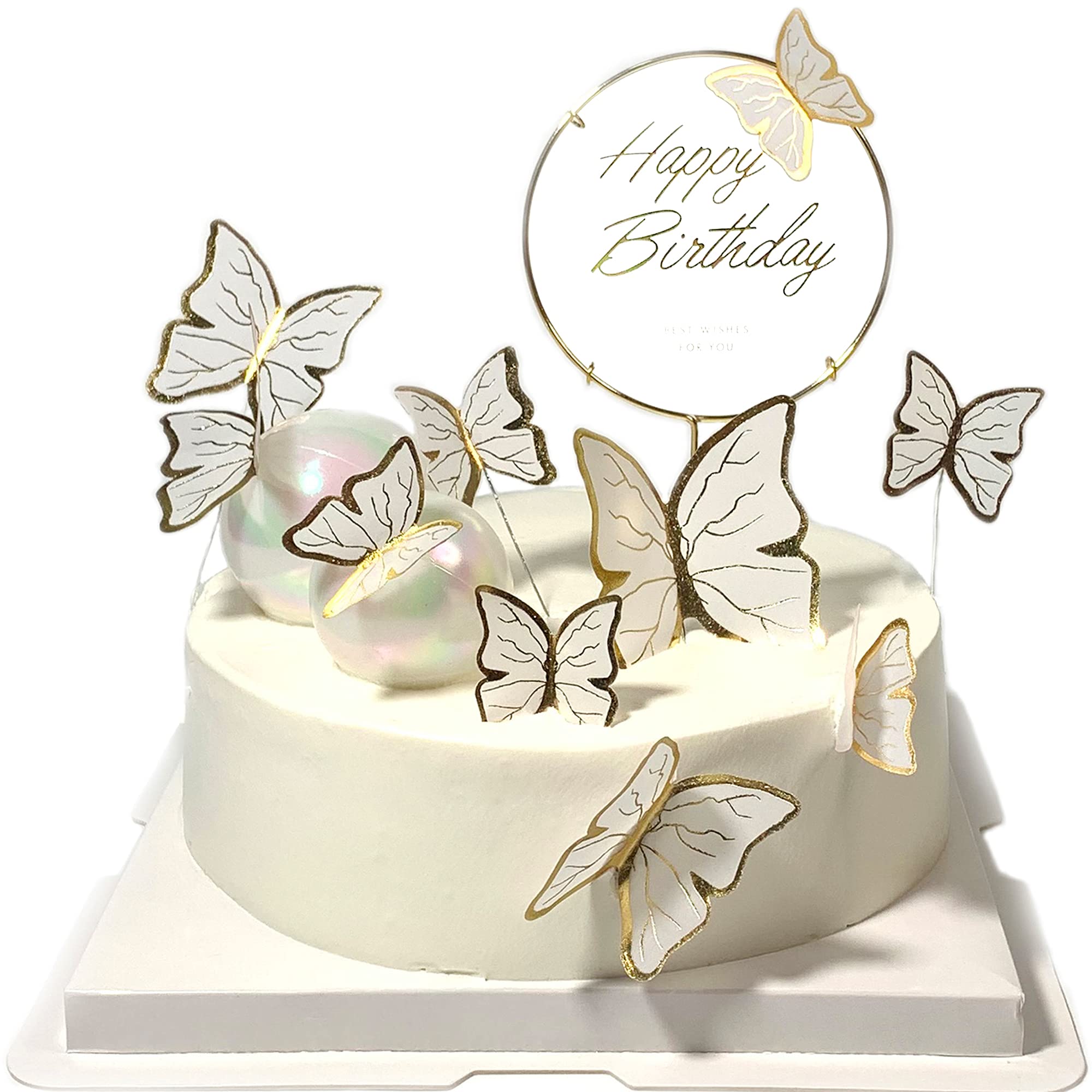 11 Pcs White Gold Butterfly Cake Toppers - Happy Birthday Metal Cake Decorations for Wedding, Baby Shower & Anniversary Parties - Elegant Butterfly Cake Decor for Birthday Cakes & Desserts