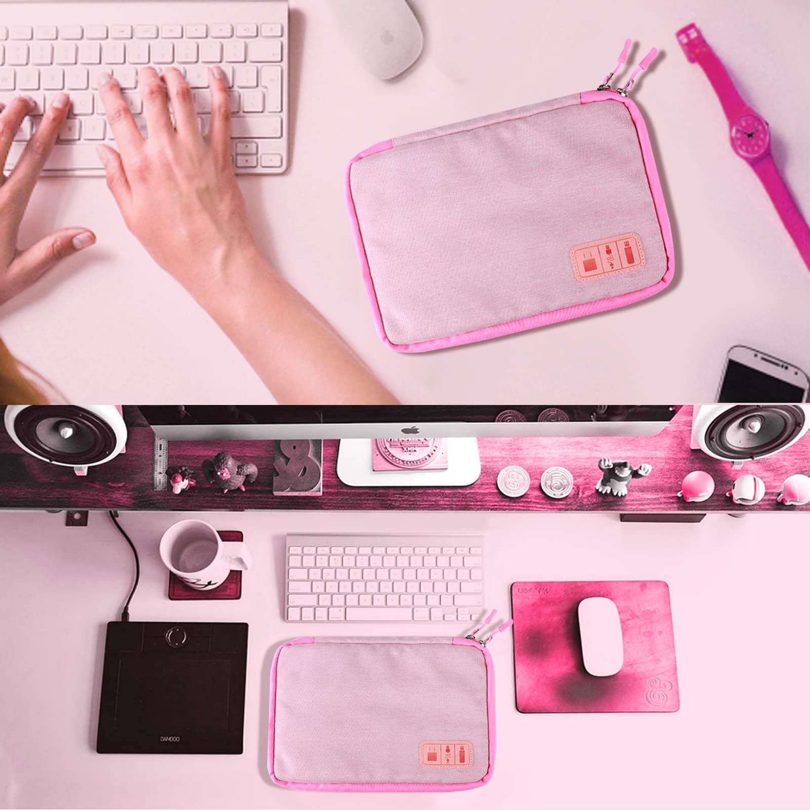 Pink Travel Cable Organizer Bag - Portable Cord Storage Case for Charger, Phone, USB & SD Cards with 8 Cable Ties | Perfect for Travel, Office & Home Organization