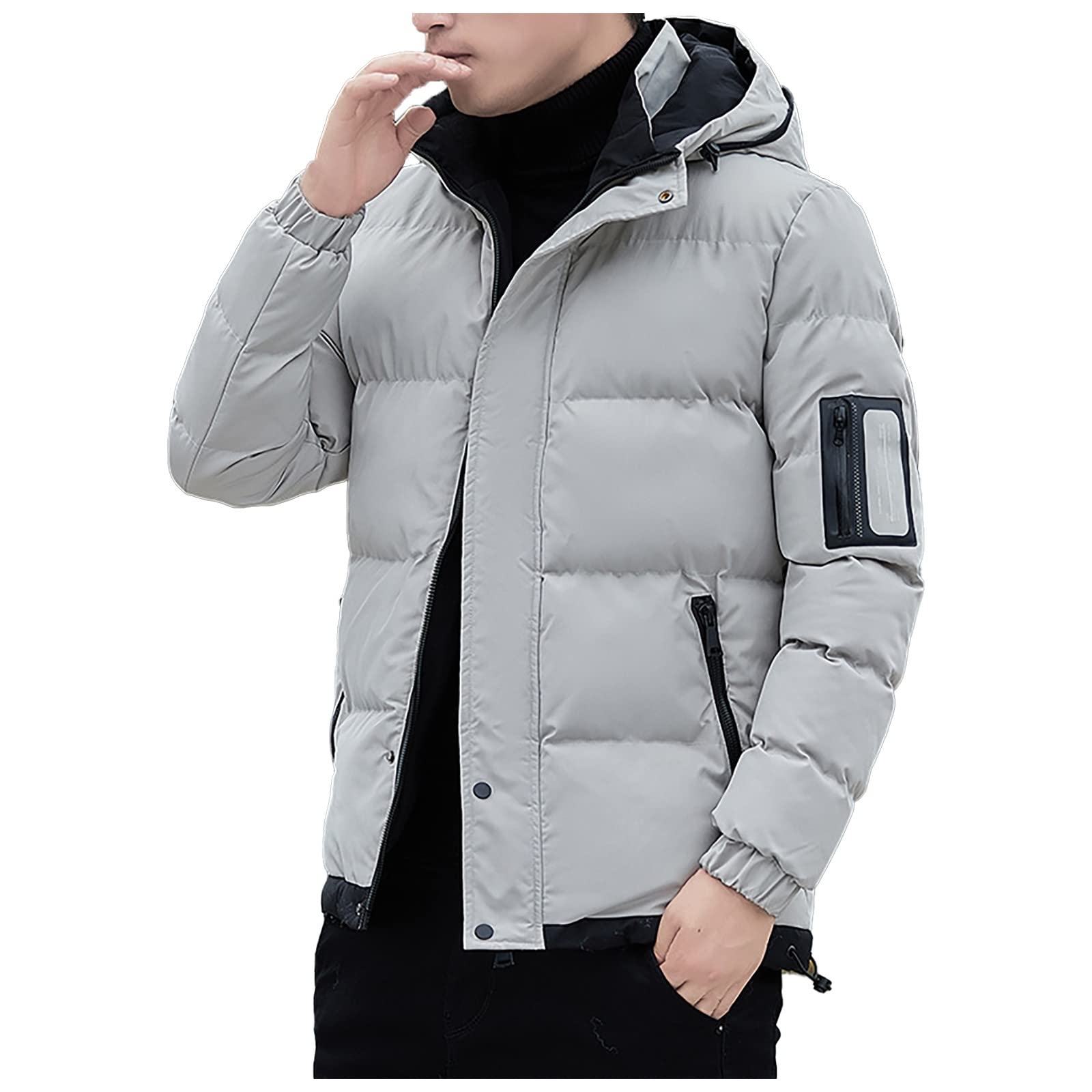 Men's Winter Thick Warm Padded Hooded Down Jacket with Zipper - Cold Weather Outerwear for Snow Sports & Outdoor Activities