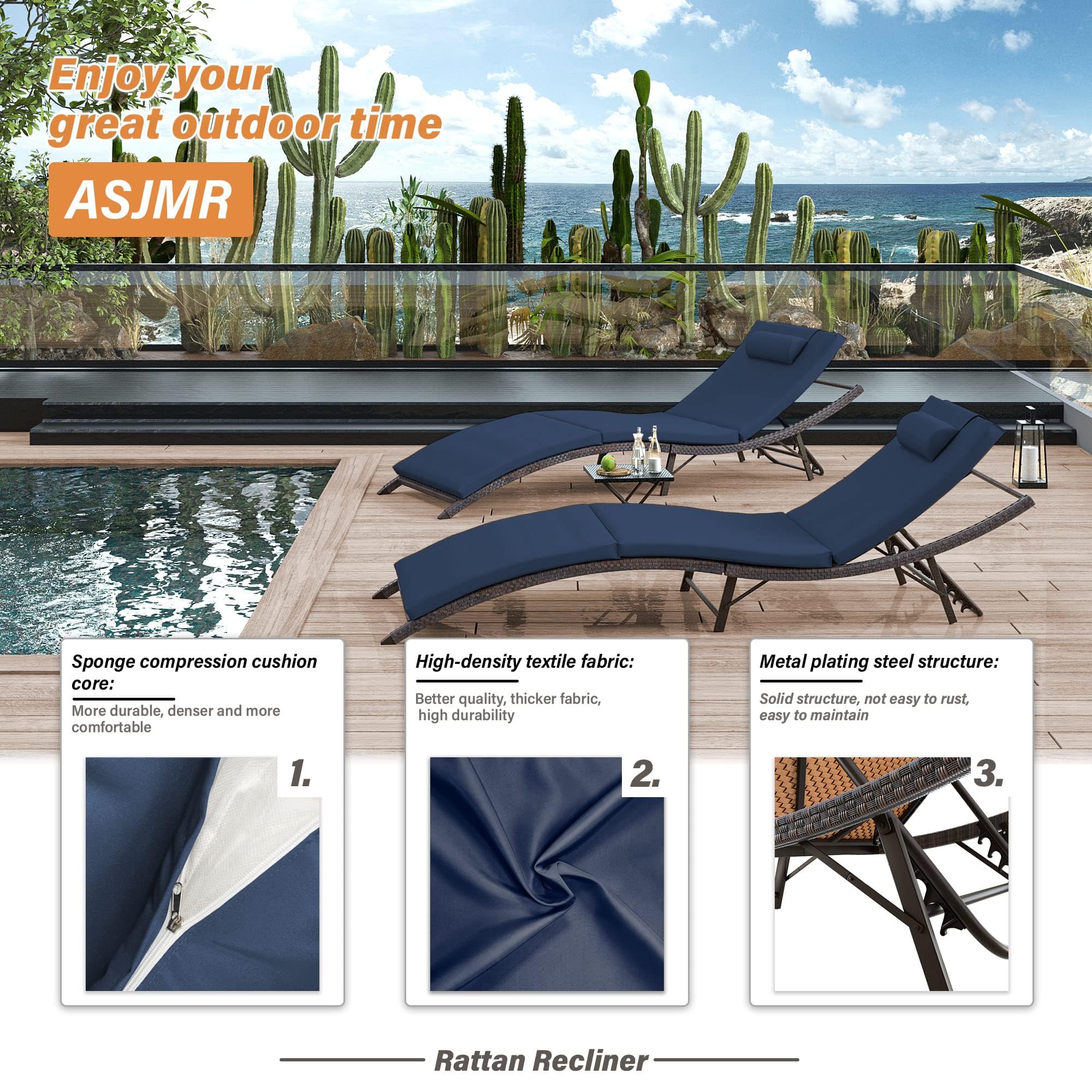 3-Piece Patio Chaise Lounge Set with Adjustable Rattan Backrest & Folding Table - Outdoor Furniture for Poolside, Beach, Backyard, Porch | Perfect for Sunbathing, Relaxing & Entertaining Guests