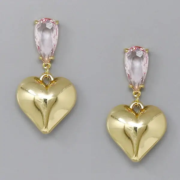 Elegant Gold & Pink Puffed Heart Teardrop Glass Stone Earrings for Women | Dainty Bohemian Jewelry | Perfect for Date Night & Special Occasions