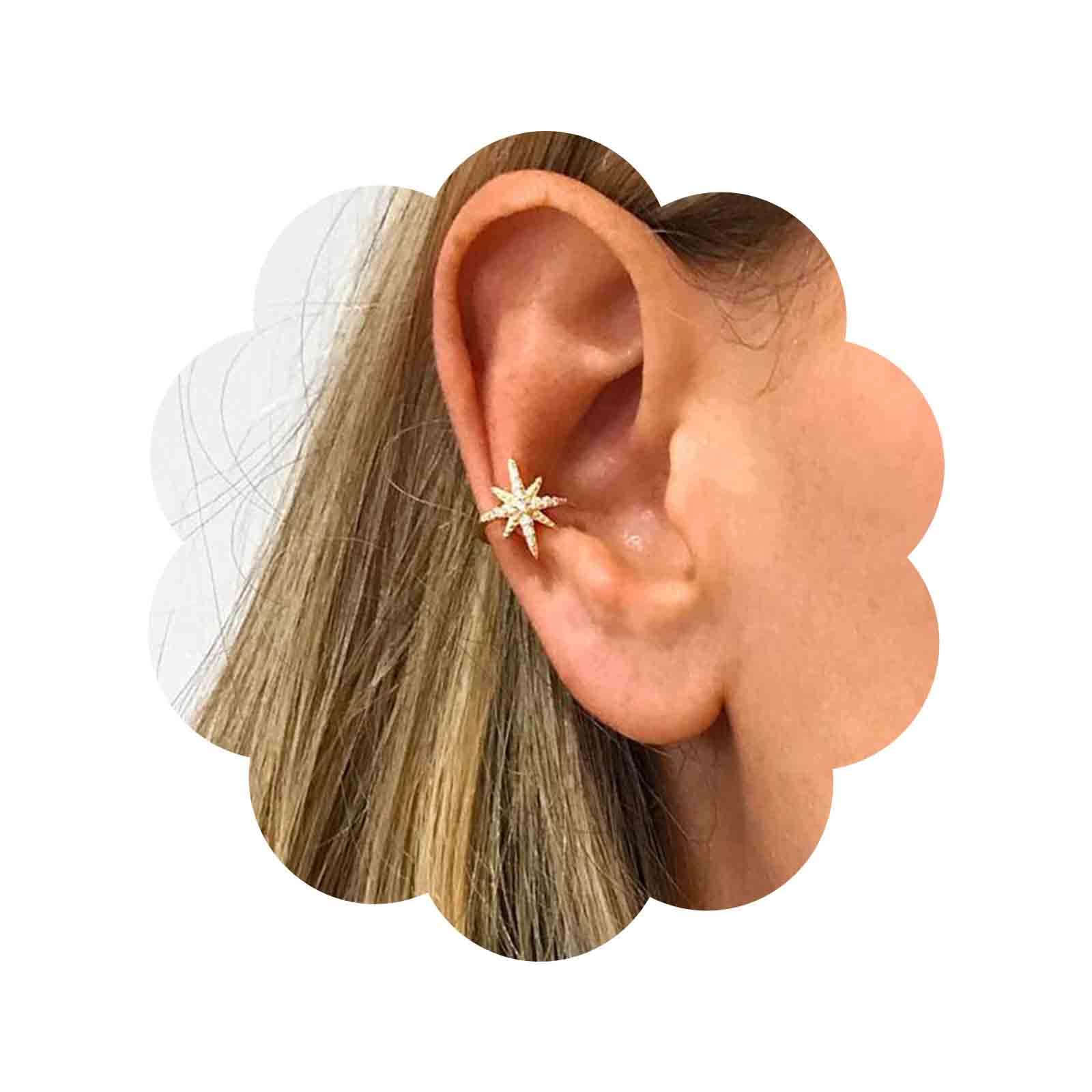 Boho Crystal North Star Ear Cuff - Gold Rhinestone Starburst Clip-On Earrings for Women & Girls | Non-Pierced CZ Jewelry | Perfect for Parties, Weddings & Festivals