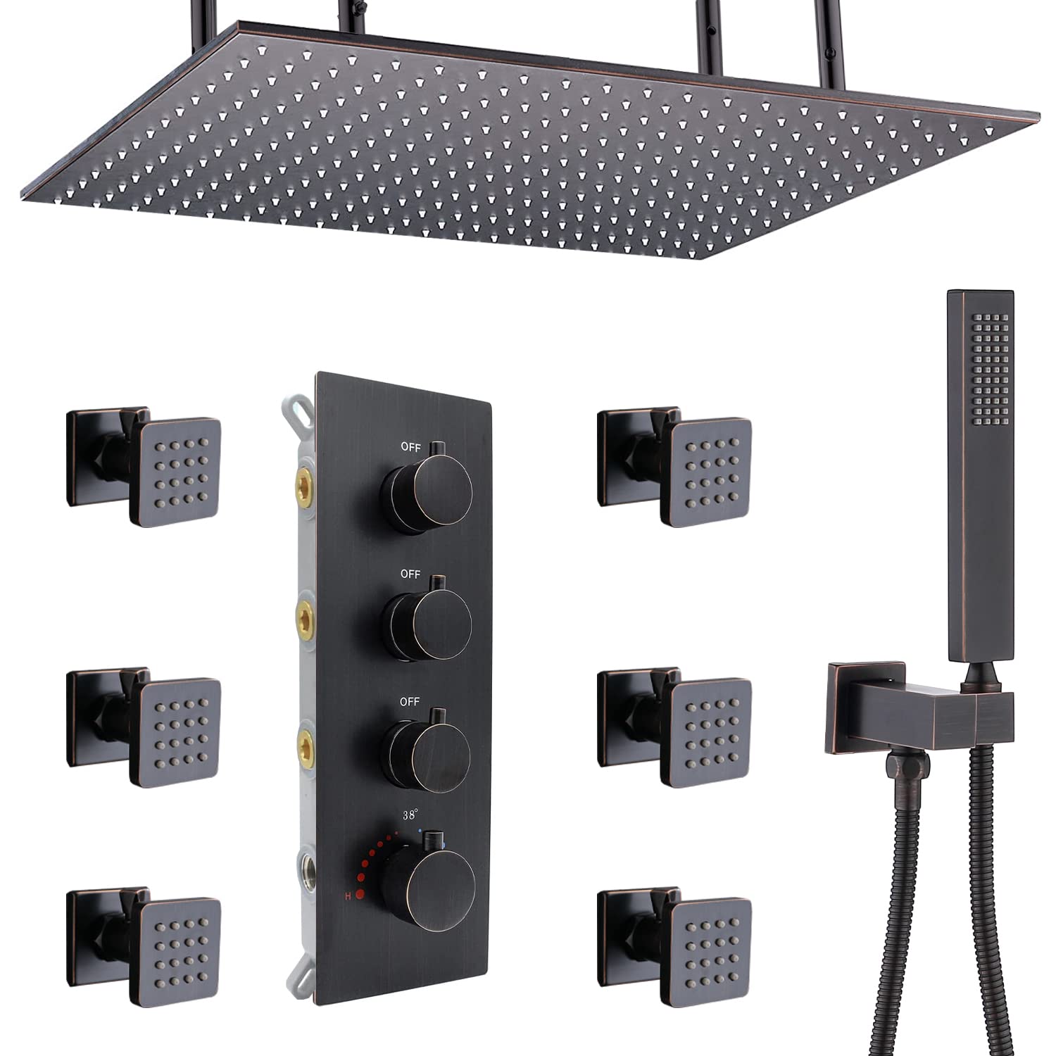 Premium Thermostatic Brass Shower System - Rainfall Shower Head, Body Jets & Handheld Wand in Oil Rubbed Bronze | Luxury Bathroom Upgrade for Spa-Like Experience at Home