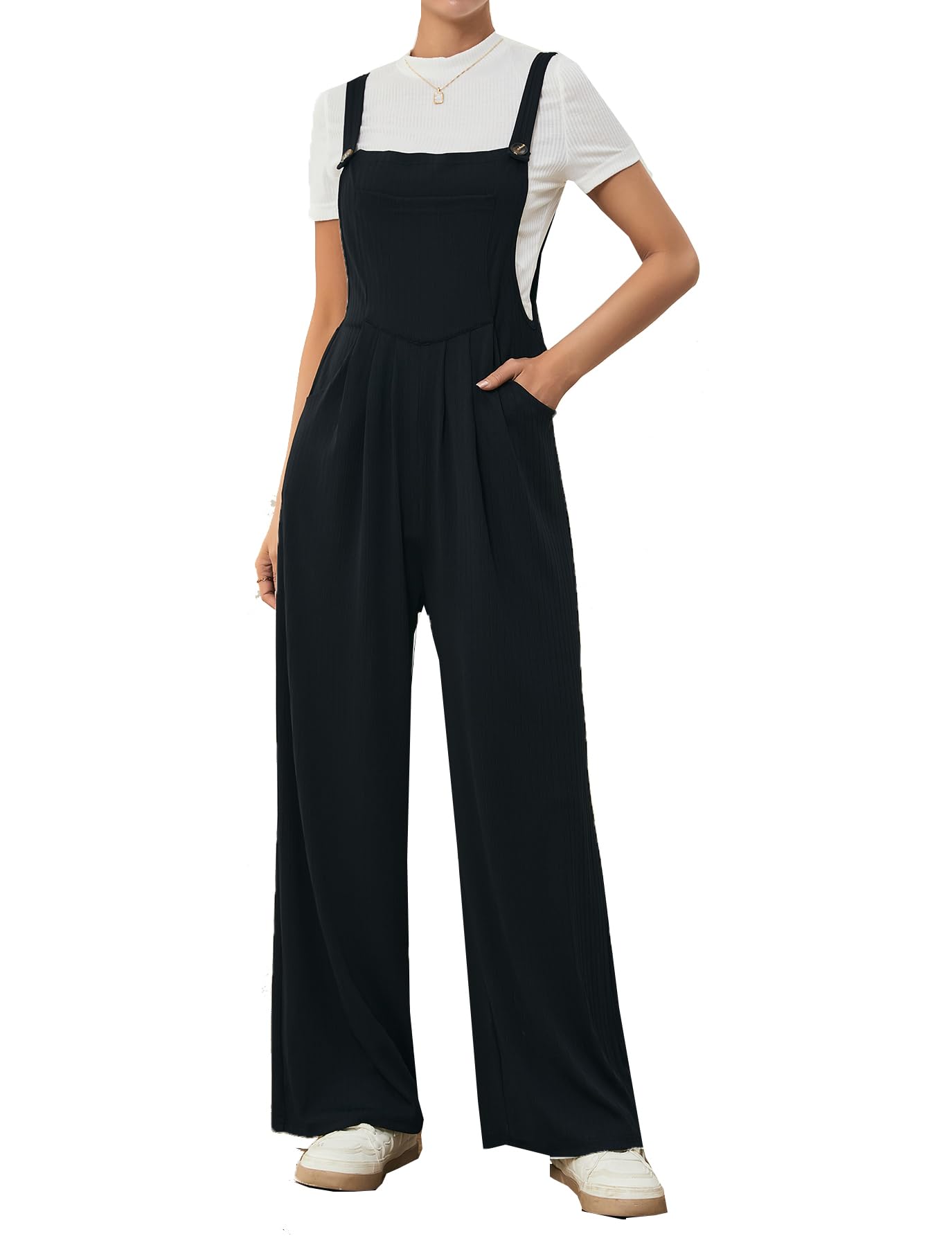 OYOANGLE Women's Waffle Knit Wide Leg Pinafore Jumpsuit with Pockets - Stylish Overalls Romper for Casual Outings, Date Nights & Fall Fashion