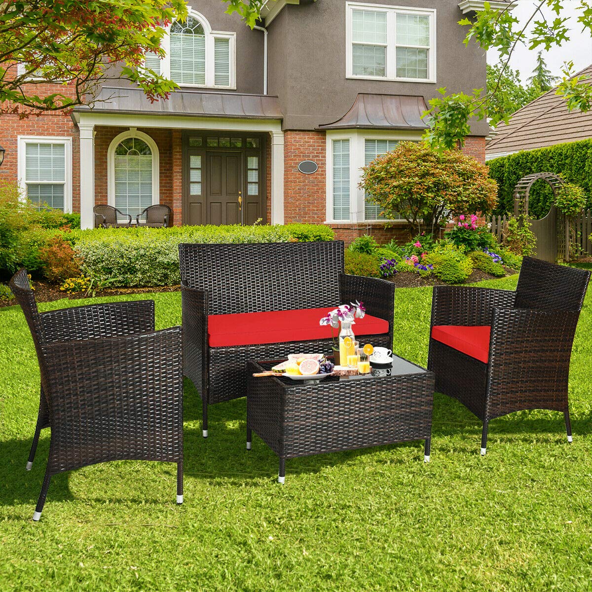 HappyGrill 4-Piece Outdoor Patio Furniture Set - Rattan Wicker Conversation Set with Cushioned Sofa & Coffee Table - Perfect for Porch, Backyard, Garden, Poolside & Outdoor Entertaining