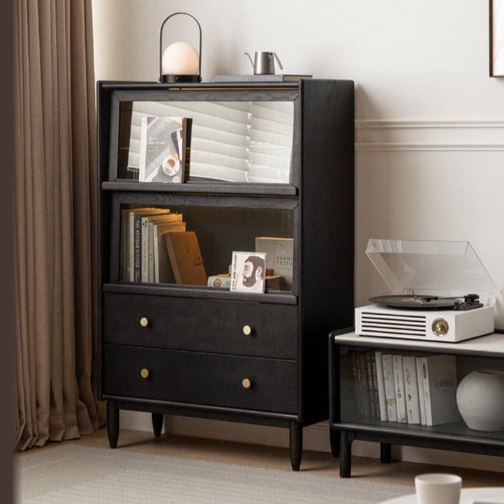 Solid Oak Wood Side Cabinet - Black Finish | Stylish Storage for Living Room, Bedroom, or Office