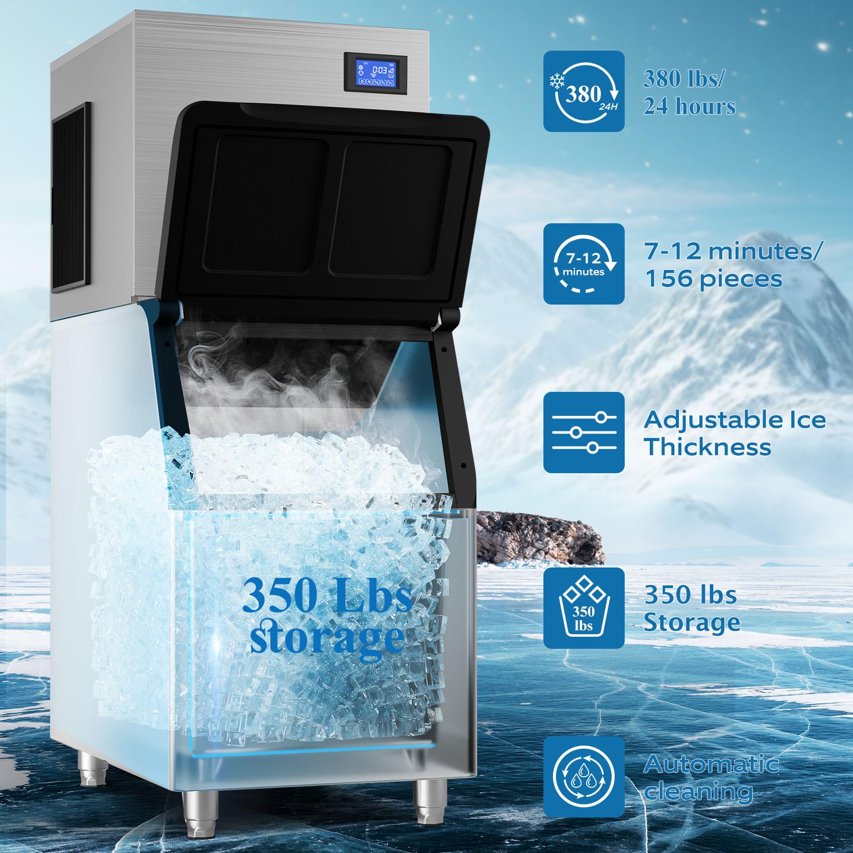 Commercial Ice Maker Machine 380 Lbs/24H - Heavy Duty Industrial Ice Maker with 350LBS Storage, Makes Ice in 7-11 Minutes - Perfect for Restaurants, Bars, Hotels, and Large Events