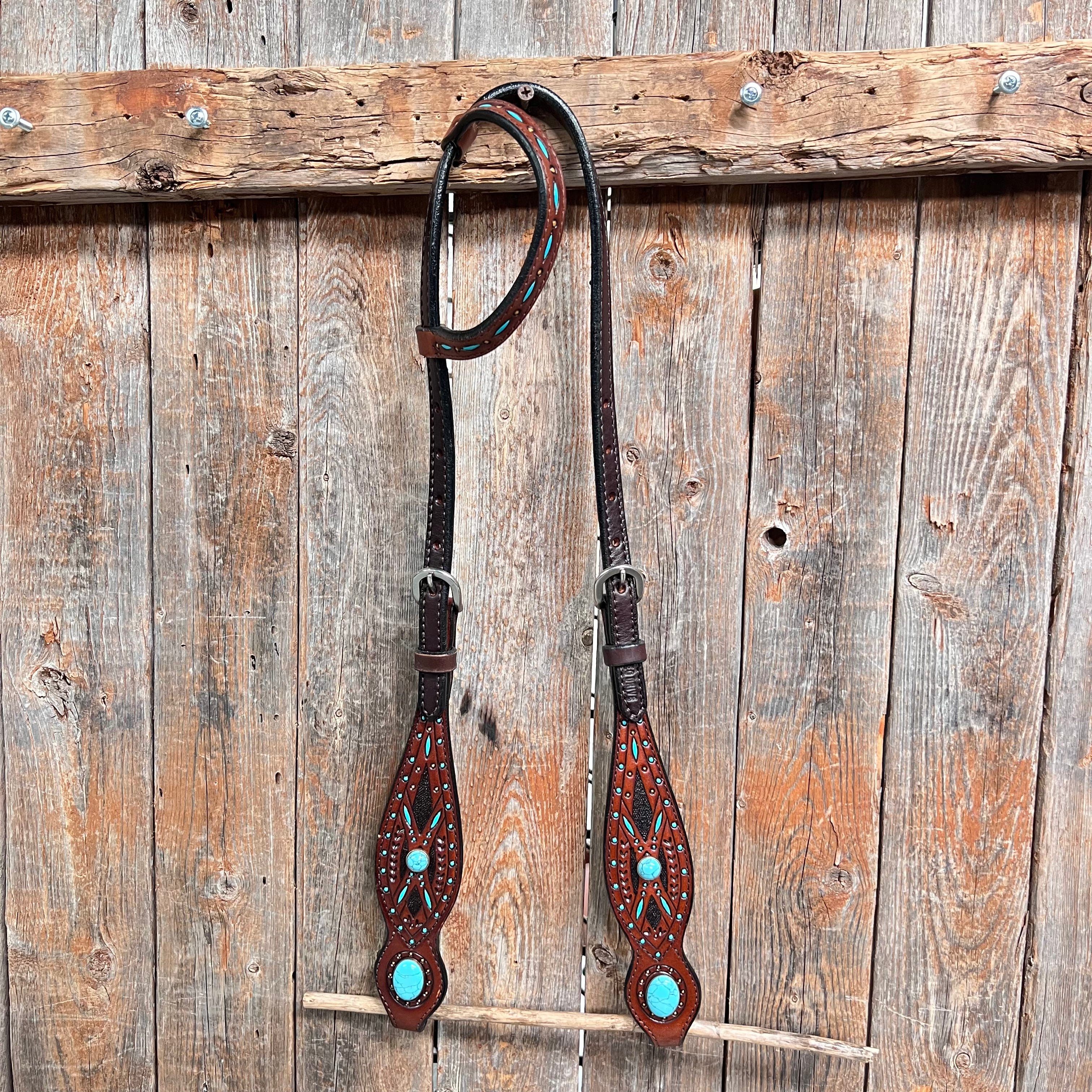 Hand-Painted Turquoise Cabochon Dark Oil Leather Ear & Breastcollar Tack Set #OEBC584 – Perfect for Western Horse Riding & Show Competitions