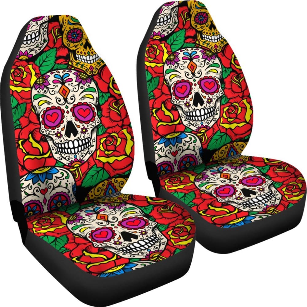 2 Pcs Floral Sugar Skull Car Seat Covers - Day of The Dead Design for Front Seats - Perfect for Halloween, Dia de Los Muertos Celebrations & Car Decorations
