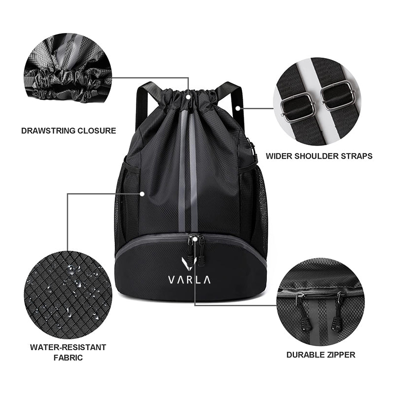 Varla Lightweight Drawstring Backpack - Waterproof Gym Sack for Men & Women - Perfect for Sports, Travel, Hiking, and School Essentials