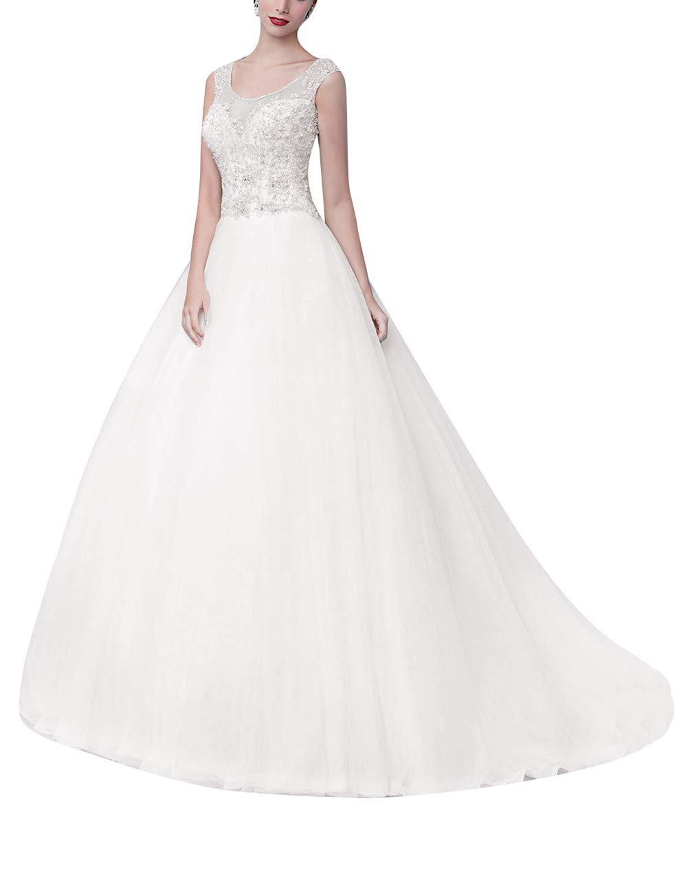 Elegant A-Line Wedding Dress with Tulle & Beaded Sequins - Sleeveless Bridal Gown for Bride | Perfect for Church Ceremony, Beach Wedding & Reception