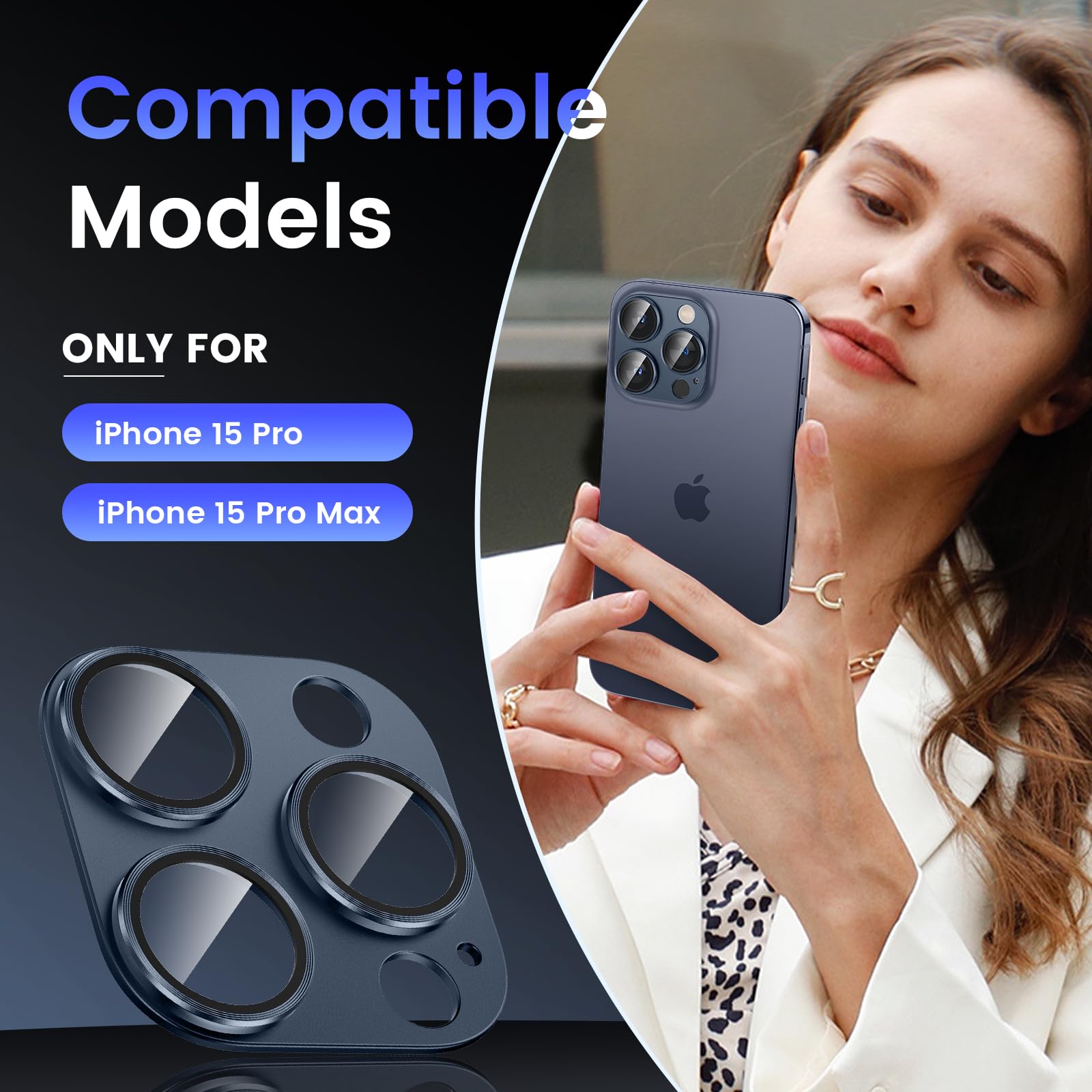 Tensea Camera Lens Protector for iPhone 16 Pro/Pro Max & iPhone 15 Pro/Pro Max - Metal Aluminum Alloy Tempered Glass Cover with Case Friendly Blue Design - Perfect for Outdoor Adventures, Travel Photography and Daily Protection