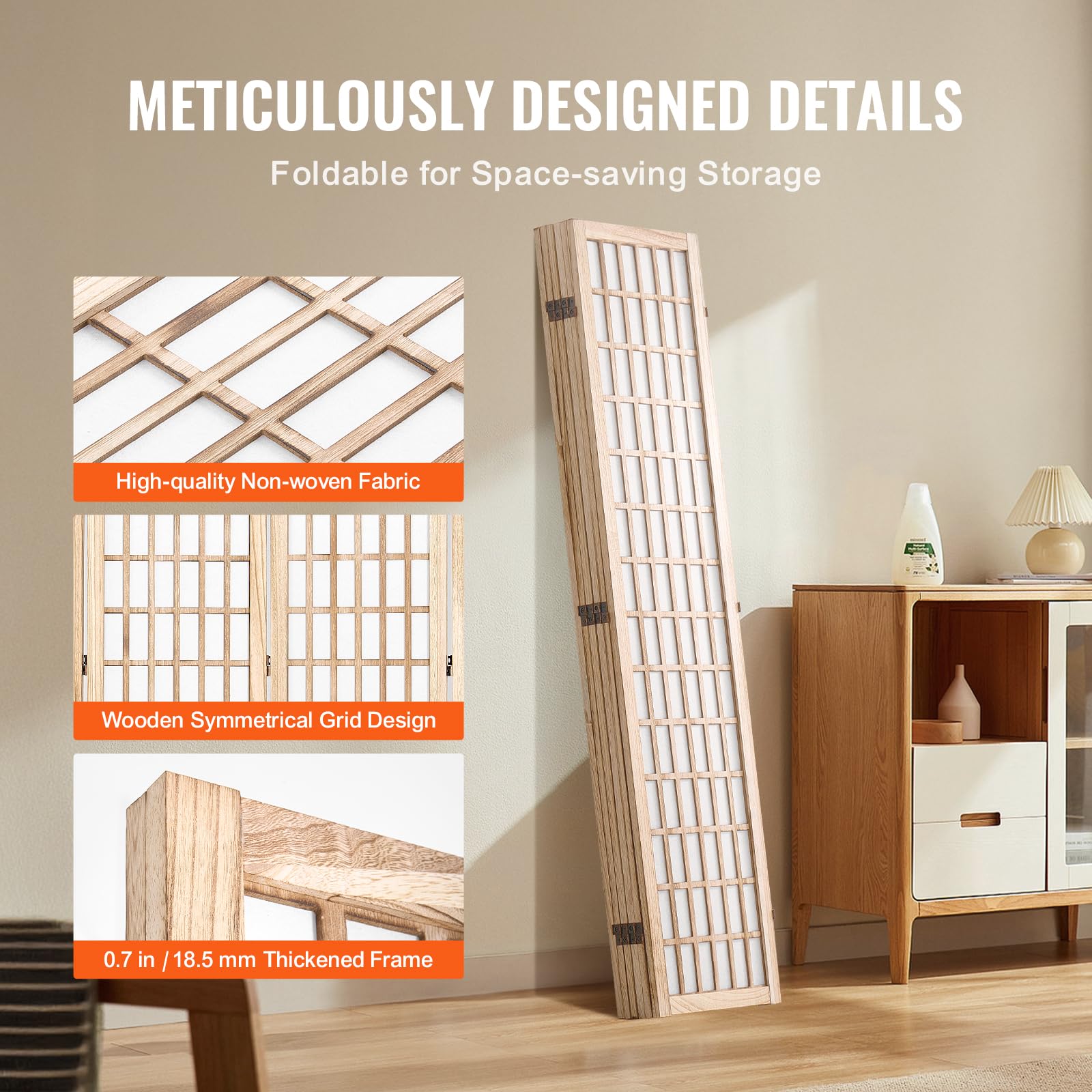 VEVOR 6-Panel Japanese Room Divider - Wooden Folding Privacy Screen for Indoor Use | Portable Partition for Home, Office, Restaurant & Bedroom | Perfect for Room Separation, Decoration, and Creating Private Spaces