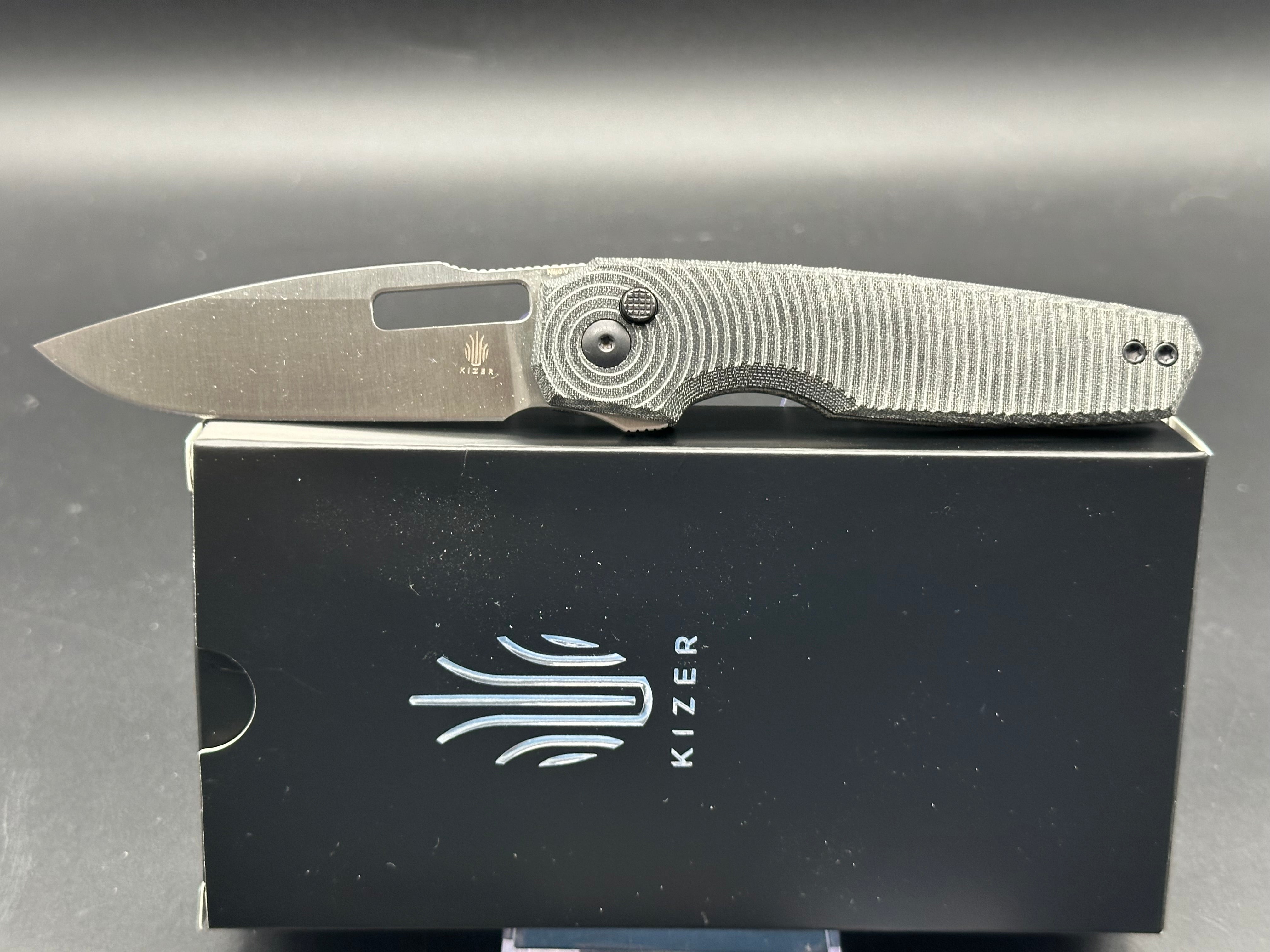 KIZER DOGFISH Button Lock Folding Knife - Black Micarta Handle, Nitro-V Steel Blade, Drop Point Plain Edge - EDC, Outdoor, Camping & Survival Knife