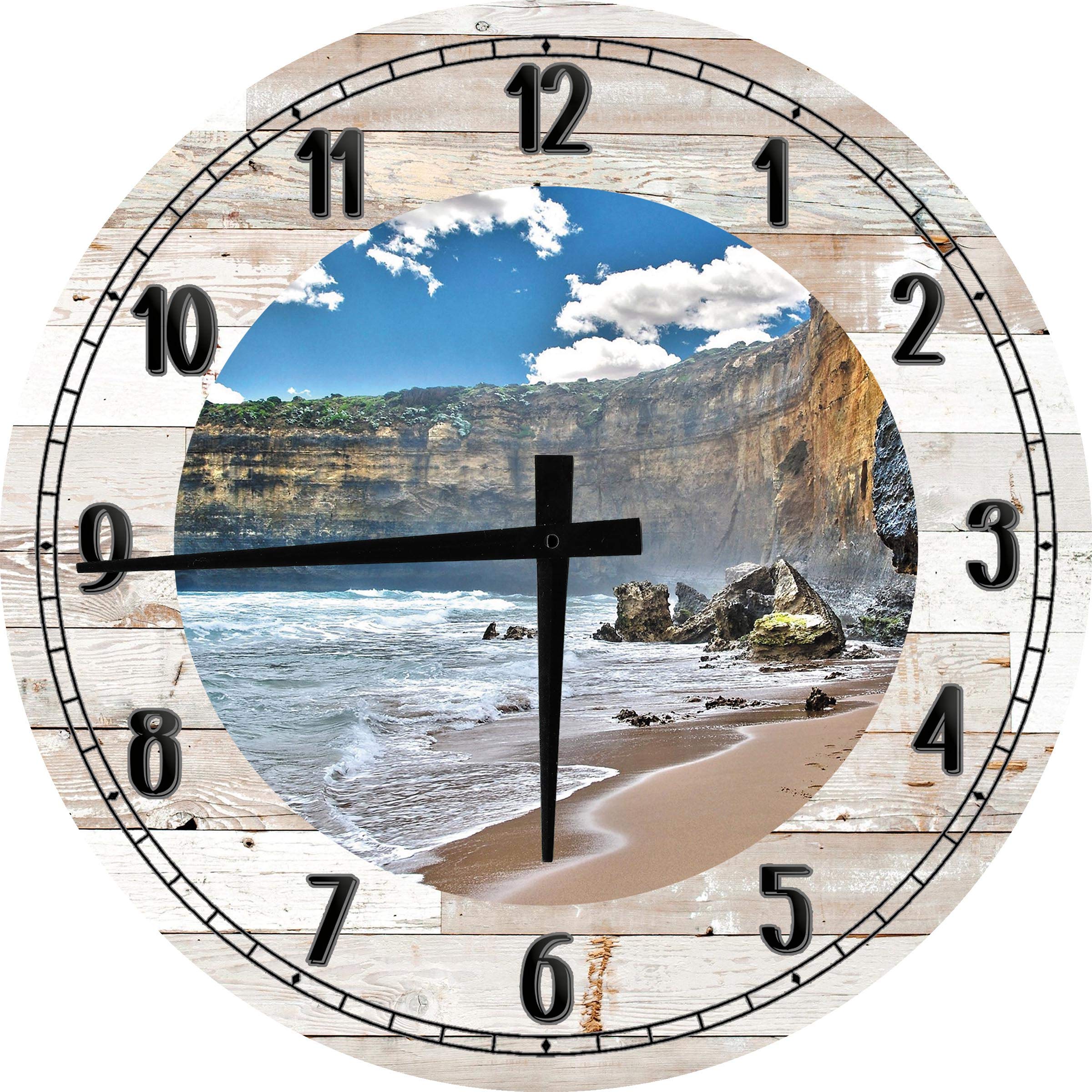 18 Inch White Round Wood Wall Clock - Horseshoe Cliffside Ocean Cove & Beach Decor for Coastal Home, Living Room, or Office