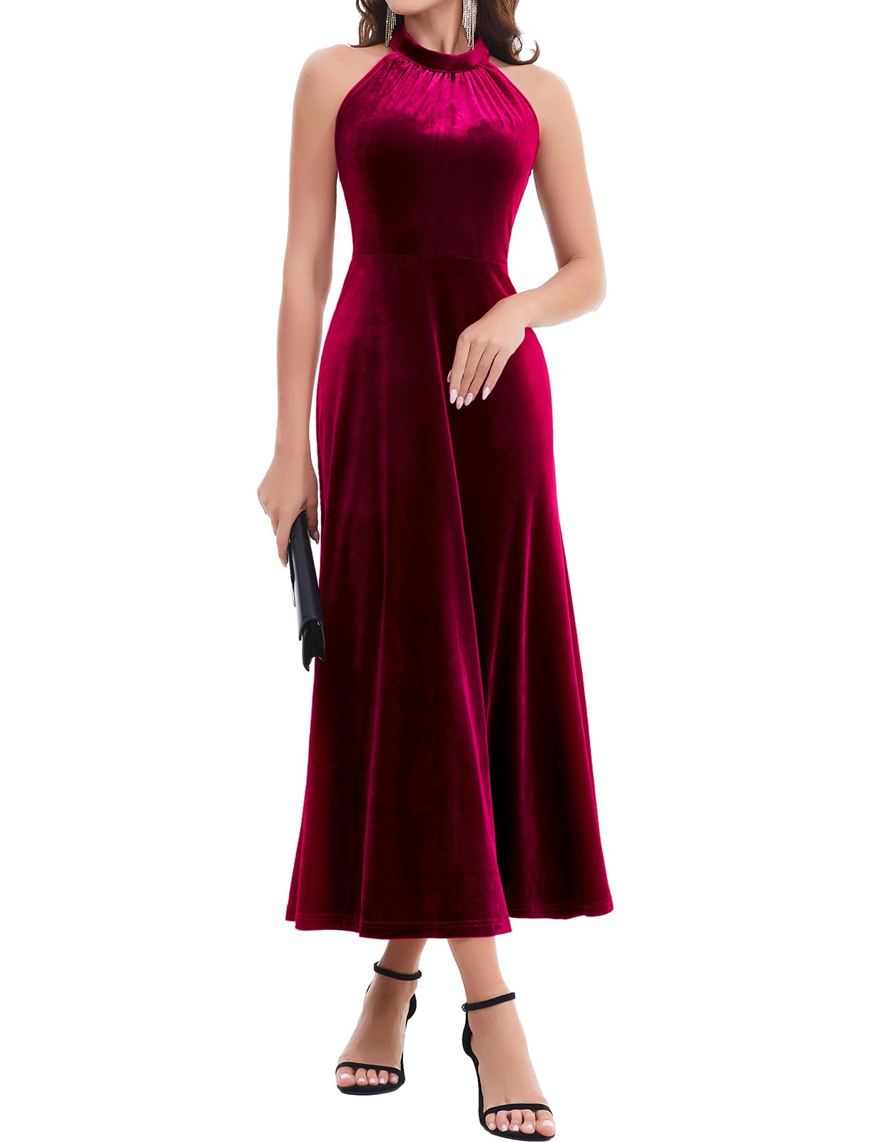 Elegant Velvet Halter Maxi Dress for Women - Formal Wedding Guest, Evening Prom & Bridesmaid Sleeveless Gown | Perfect for Cocktail Parties, Holiday Events & Special Occasions