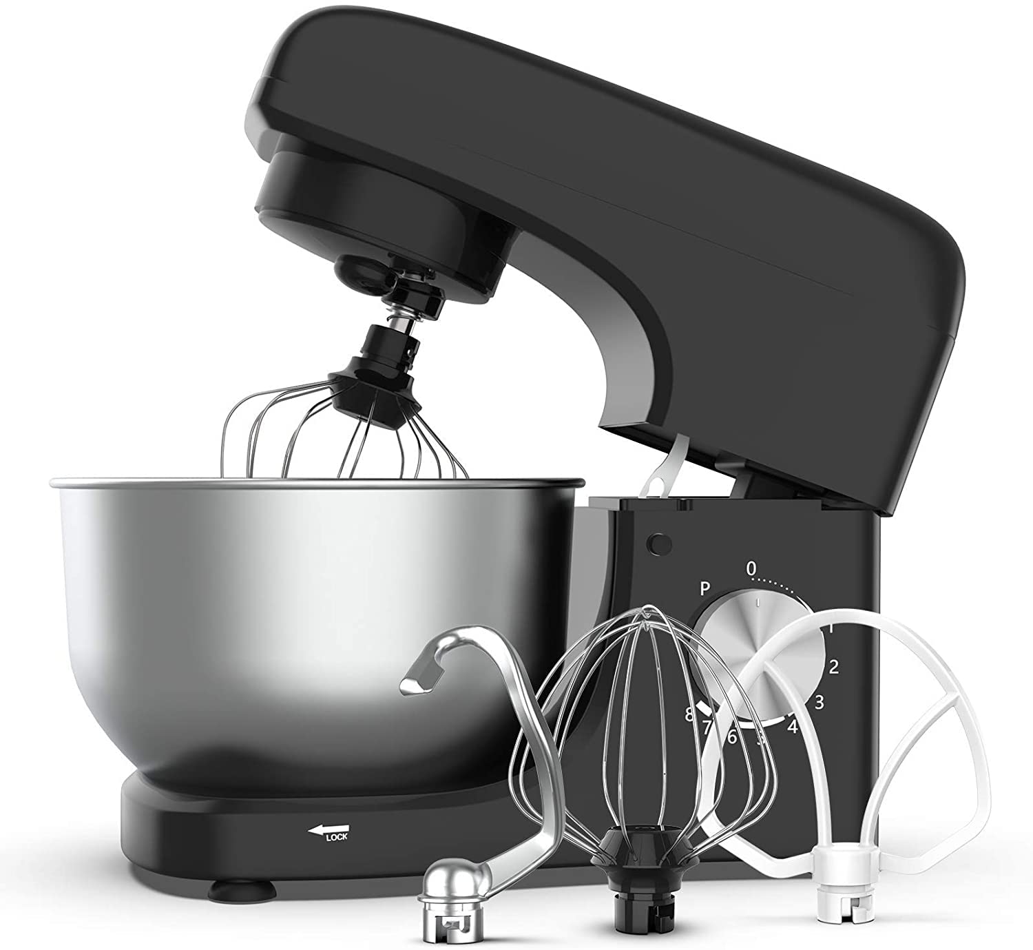 4.7QT Stainless Steel Bowl Stand Mixer - 8-Speed Tilt-Head Electric Food Mixer with Dough Hook, Wire Whip & Beater, Pouring Shield (Black) | Perfect for Baking Cakes, Cookies, Bread & Mixing Ingredients in Home Kitchen