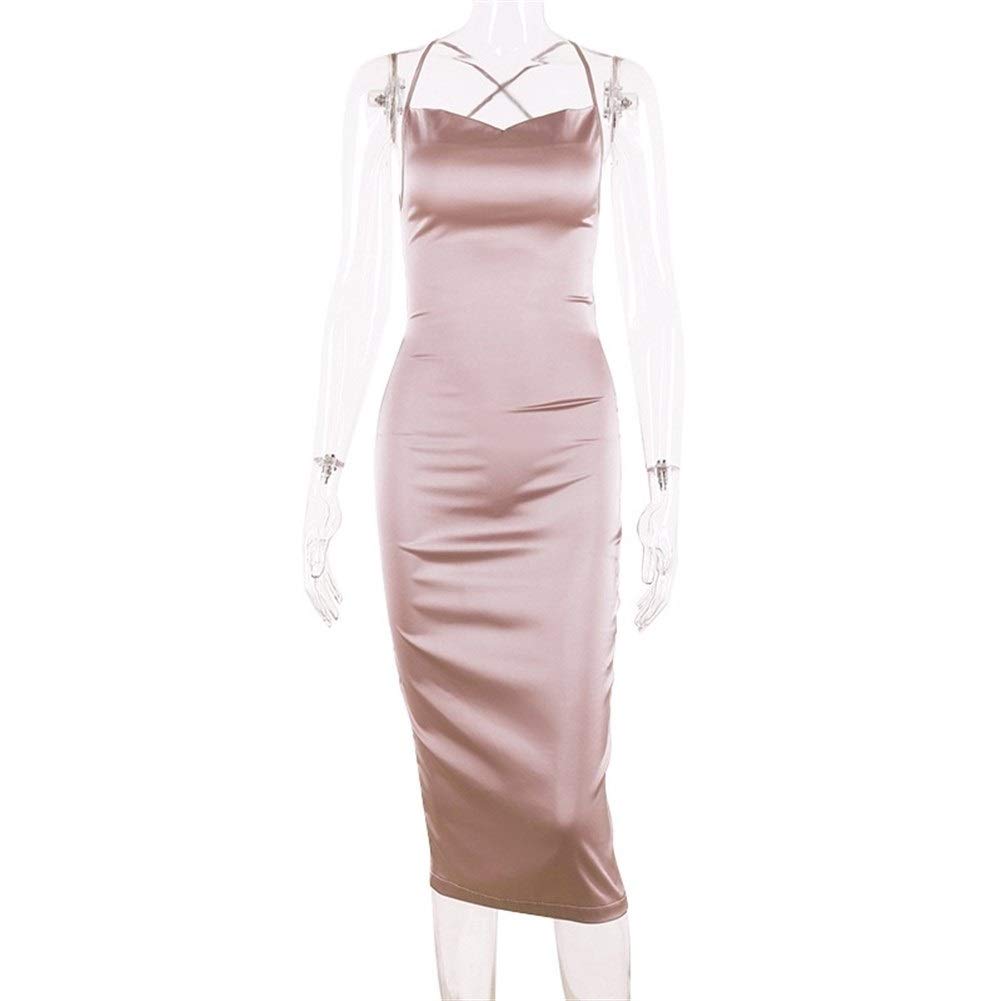 KAKAYO Women's Neon Pink Satin Lace-Up Midi Dress - Sleeveless Backless Summer Party Dress for Club, Evening, and Special Occasions (Size M) | Elegant Sexy Formal Outfit for Night Out, Date Night, and Cocktail Parties