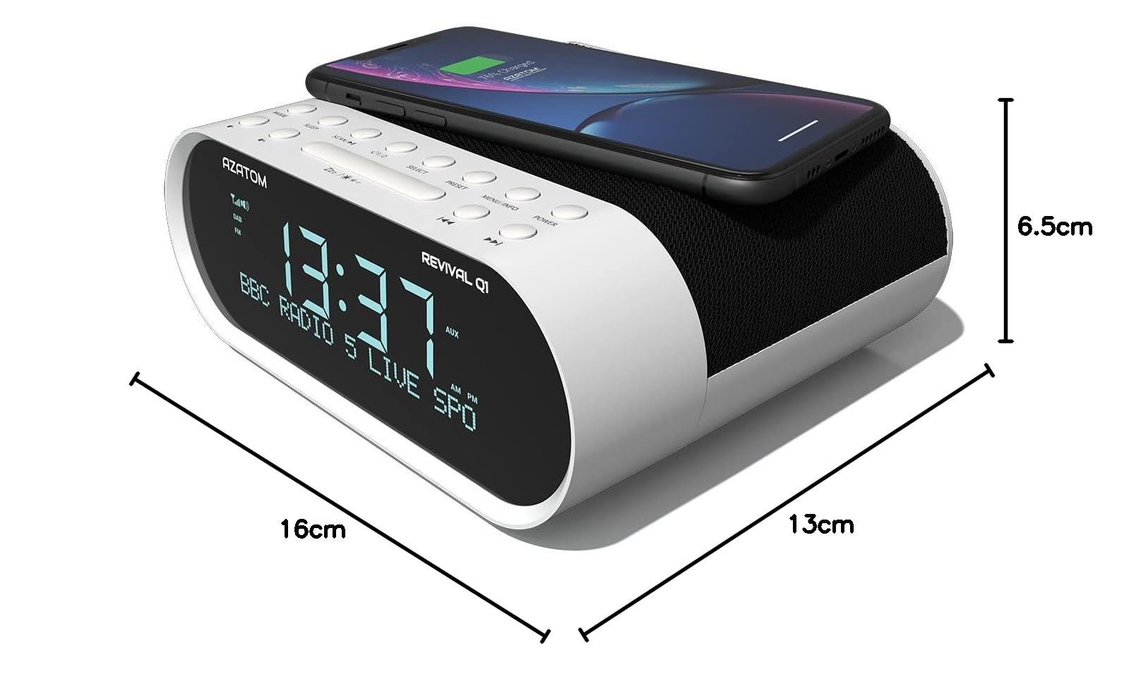 AZATOM Revival Q1 White DAB+ Digital FM Clock Radio with Bluetooth, Dual Alarm, Wireless Charging, Sleep Timer - Bedroom Alarm Clock with USB/AUX Ports for Phones & Headphones | Perfect for Home, Office, Nightstand Use