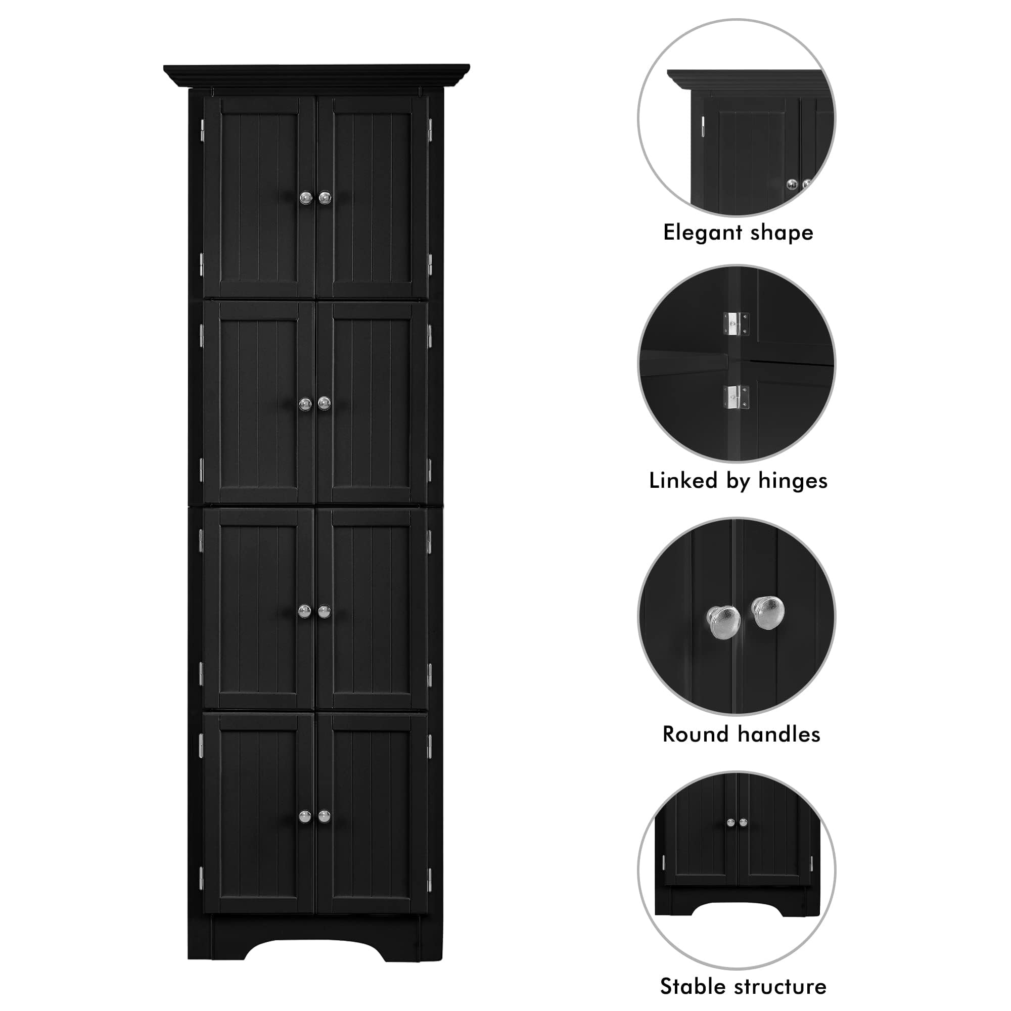 72 Inch Tall Corner Storage Cabinet with 8 Doors - 4-Tier Kitchen Pantry Organizer for Living Room, Kitchen, Office & Bathroom - Black | Space-Saving Storage Solution for Small Homes & Apartments