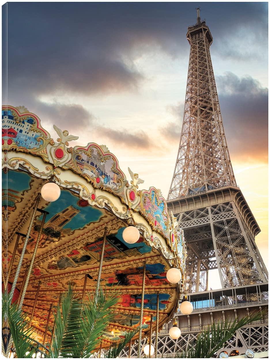 Eiffel Tower and Carousel II Canvas Wall Art - Hand Painted by Artist Alan Blaustein - 32x43 Inch Ready to Hang Home Decor for Living Room, Bedroom, Office - Perfect for Parisian & Vintage Style Interiors