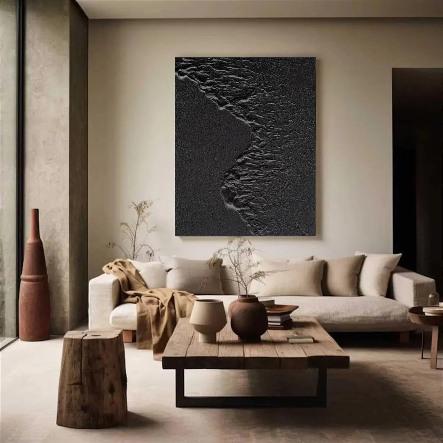 Black Plaster Art Minimalist Textured Painting - Modern Abstract Wall Decor for Living Room, Bedroom & Office | MZ105