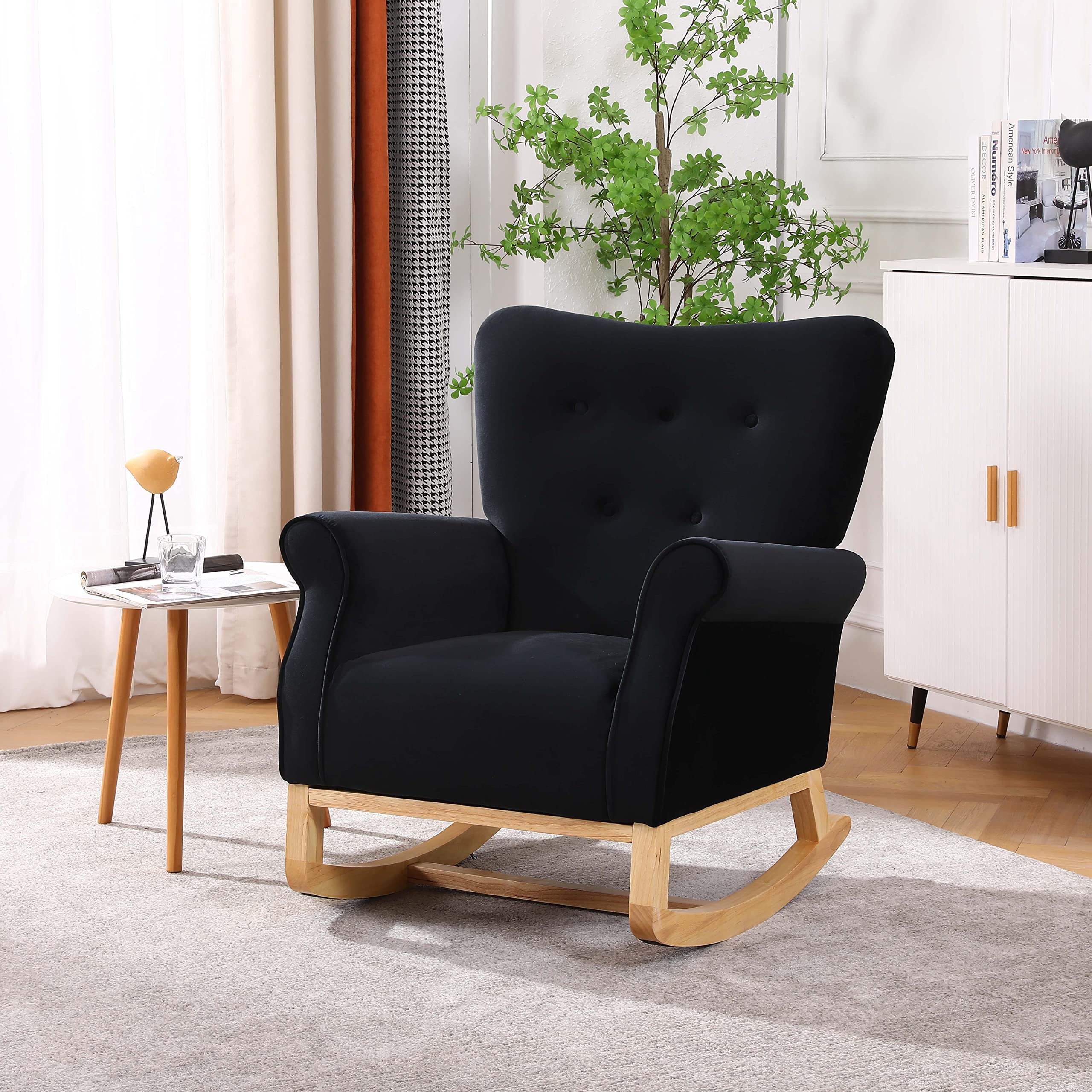 Nicbex High Back Rocking Chair - Velvet Upholstered Nursery Glider with Smooth Motion, Ergonomic Support for Breastfeeding & Baby Bonding - Perfect for Nursery, Bedroom & Living Room (Black)