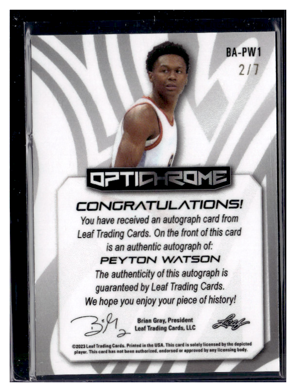 2022 Leaf Optichrome Basketball Peyton Watson Auto #BA PW1 /7 - Rare Collectible Sports Card for Trading & Display