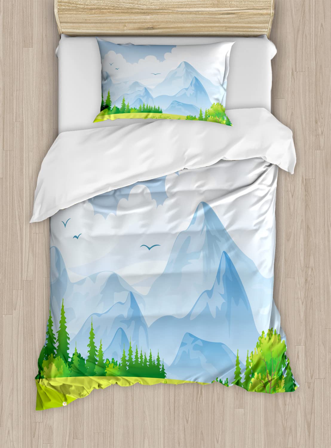 Ambesonne Nature Duvet Cover Set - Queen Size 2-Pack with Daisy Flower Field & Mountain Landscape | Lime Green & Pale Blue Summer Meadow Design | Includes 2 Duvet Covers & 4 Pillowcases | Eco-Friendly Bedding for Guest Rooms, Vacation Homes & Cozy Bedroom Decor
