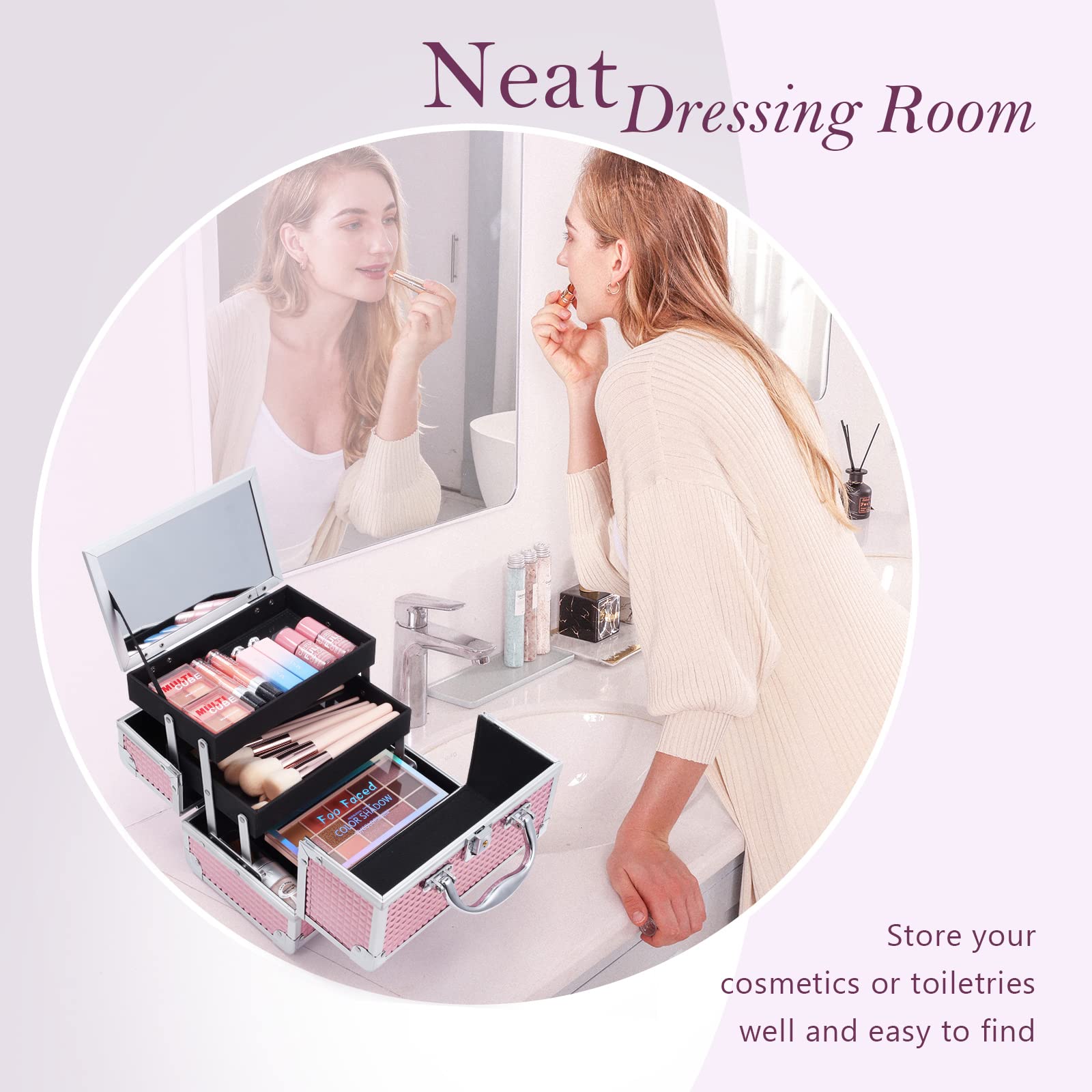 FRENESSA Professional Makeup Train Case - Large Cosmetic Organizer with 2 Removable Trays, Lockable Mirror & Glitter Pink Design | Perfect for Travel, Salon, or Home Beauty Storage