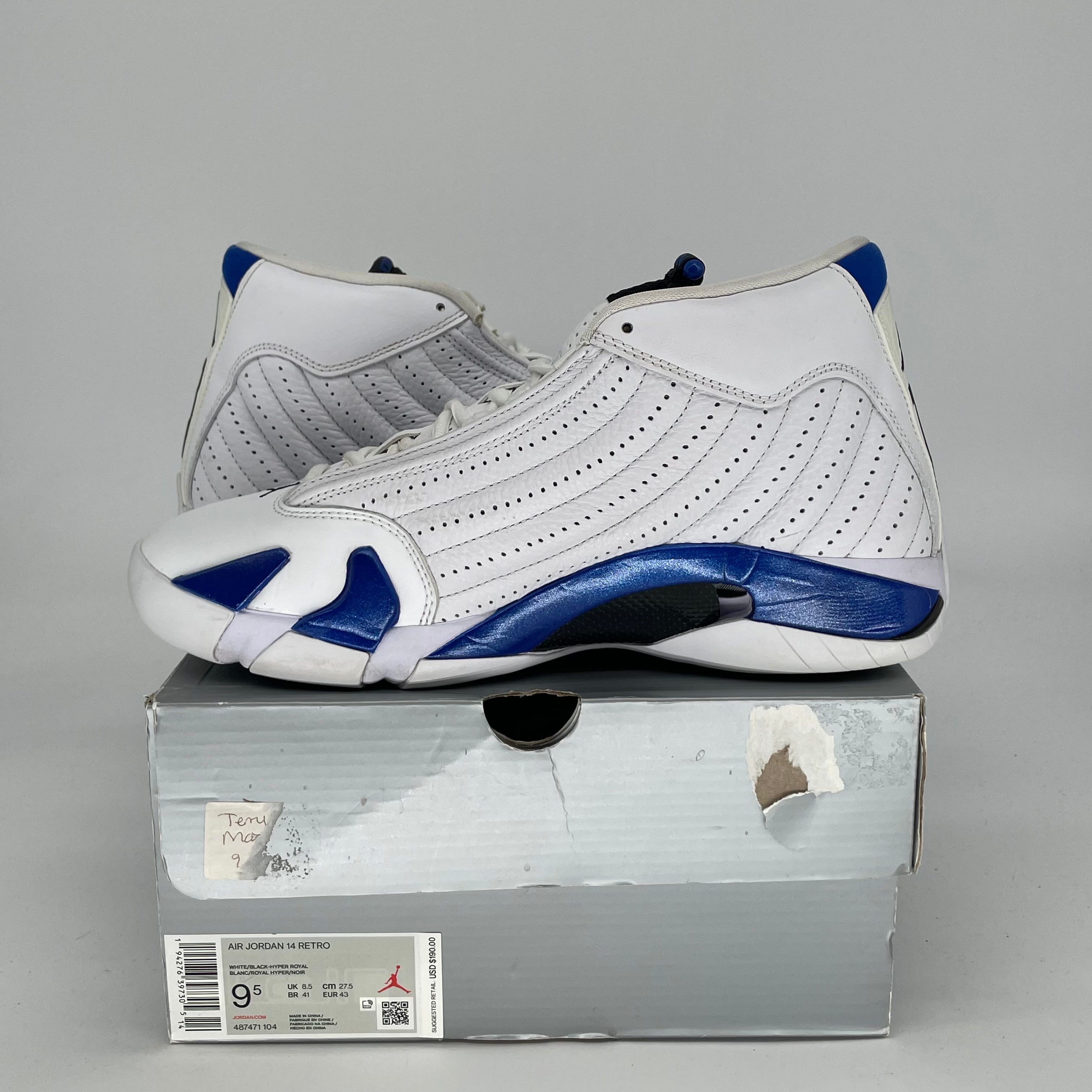 AIR JORDAN 14 Retro Sneakers - White Hyper Royal Basketball Shoes - Men's Size 9.5/Women's 11 - Style Code 487471-104 - Perfect for Streetwear & Court Performance