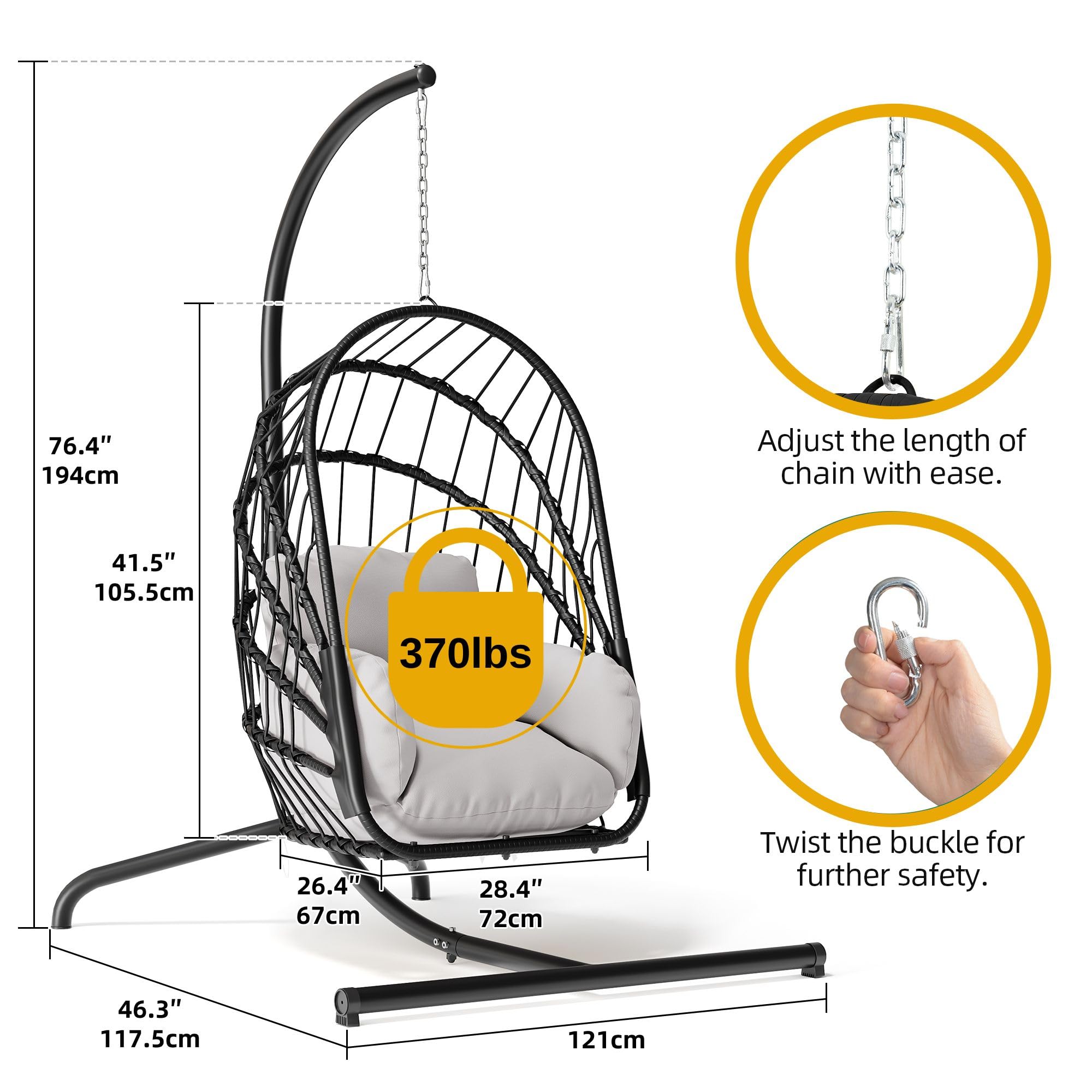 DWVO Foldable Wicker Egg Swing Chair 450lbs Capacity - Hanging Hammock with Cushions & Stand, Indoor/Outdoor Patio Swing Chair for Bedroom, Garden, Balcony (Grey) - Perfect for Relaxing, Reading & Lounging in Your Backyard or Sunroom