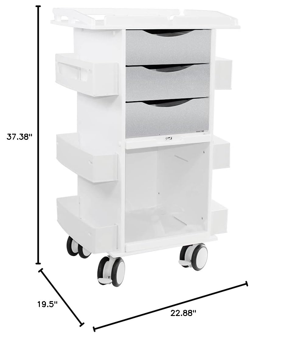 Core DX Cart with Metallic Silver Drawers, Sliding Door & Railtop - Mobile Storage Solution for Office, Salon, or Home Organization