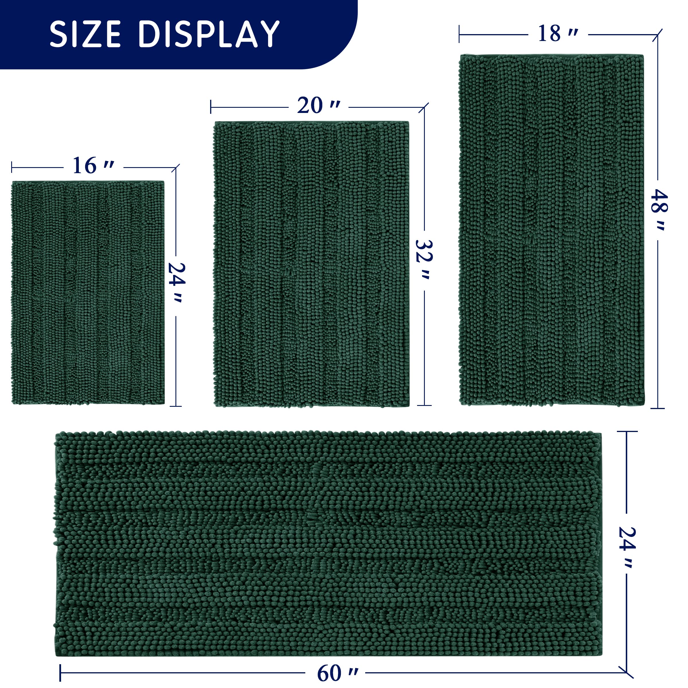 SUBRTEX Chenille Bath Rug - Soft Plush Striped Bath Mat for Bathroom, Water Absorbent & Quick Dry Shower Mat, Machine Washable (Green, 16x24 Inches) - Perfect for Bathroom, Shower & Vanity Areas